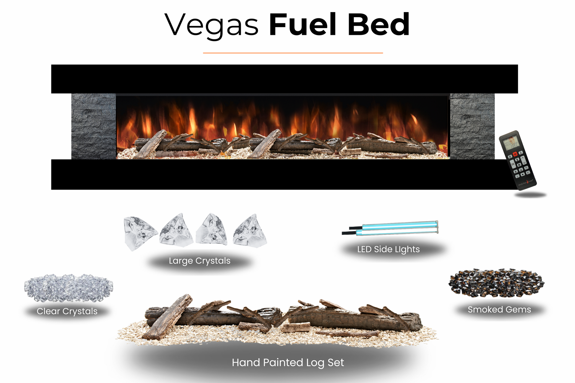 Evolution Fires - Vegas 72 - Wall-Mounted Electric Fireplace - Black - Black Stone Tiles