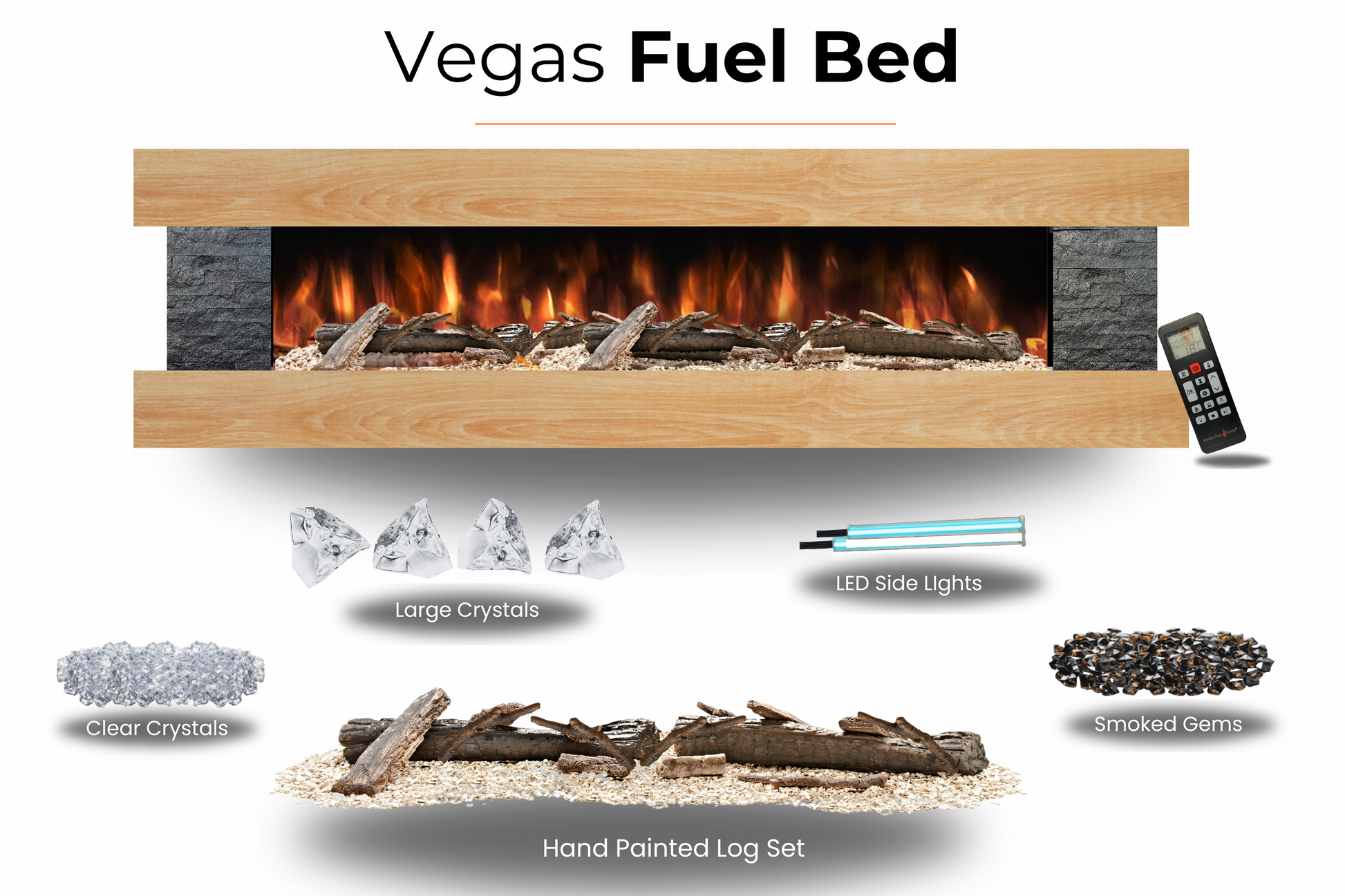 Evolution Fires - Vegas 72 - Wall-Mounted Electric Fireplace (Oak, Black Stone)