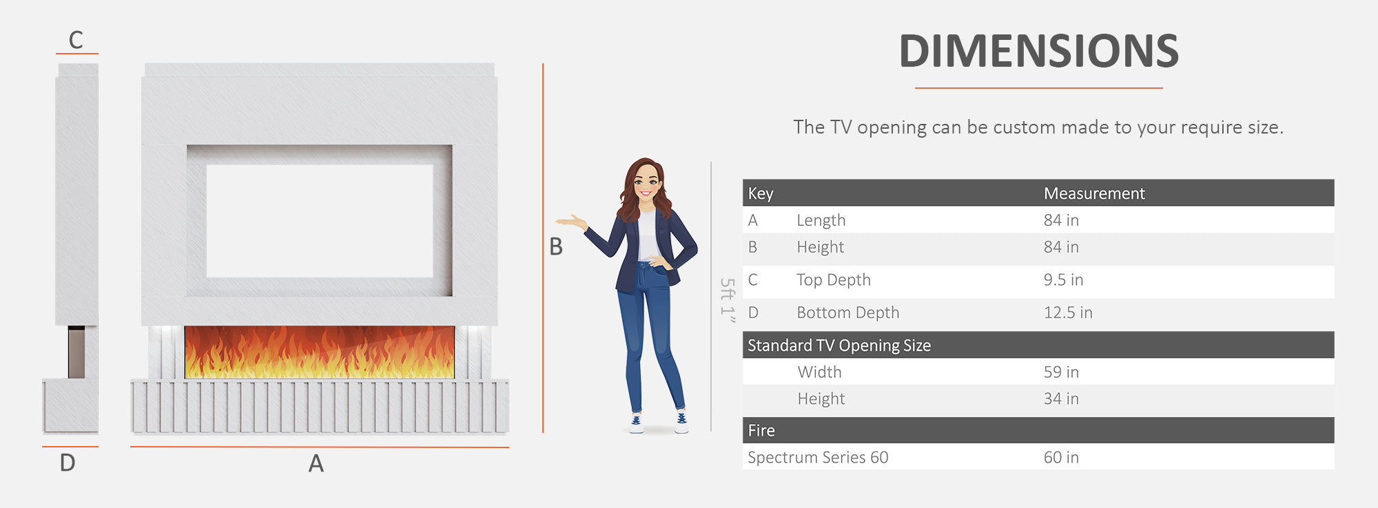 Dimensions of a TV opening with a woman in a suit for scale, and a sample TV installation diagram.