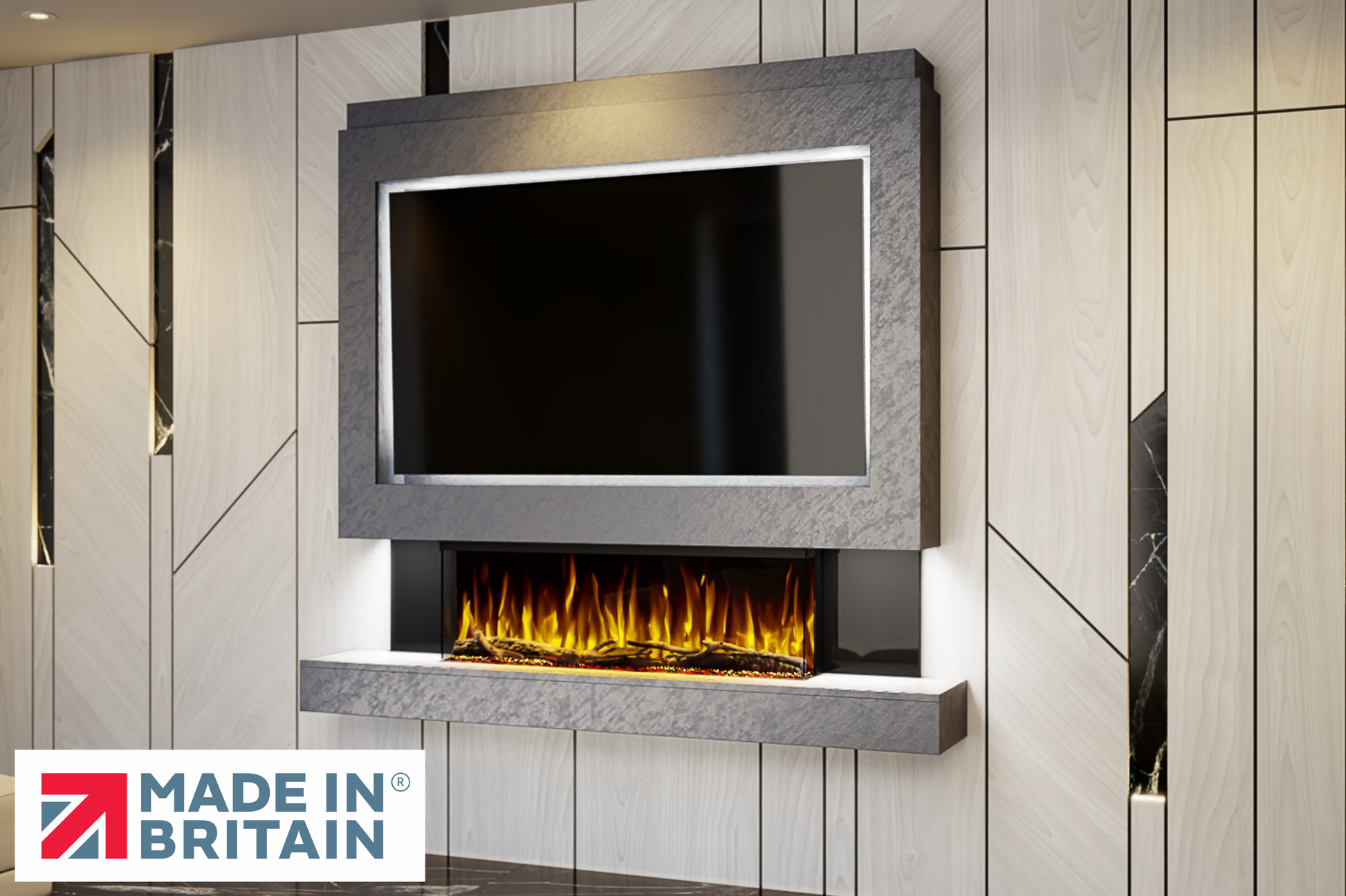 Evolution Fires Package 1 – Pre-Built Media Wall with Electric Fireplace