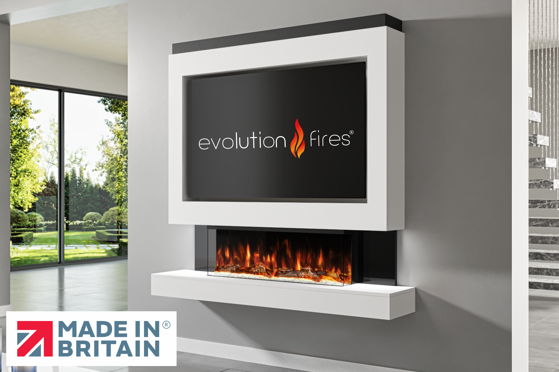 Evolution Fires Package 1 – Pre-Built Media Wall with Electric Fireplace