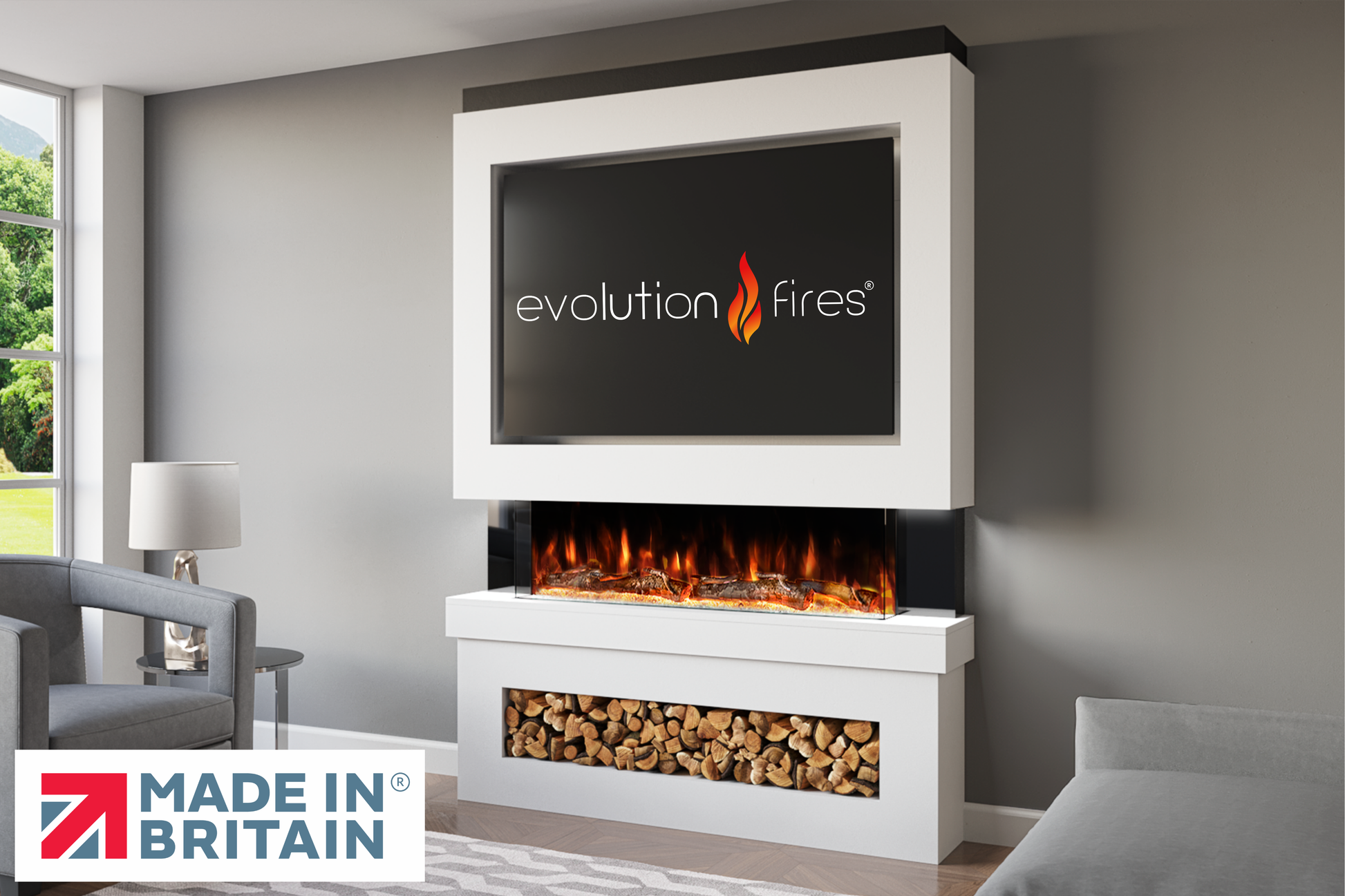 Evolution Fires Package 6 – Pre-Built Media Wall with Electric Fireplace