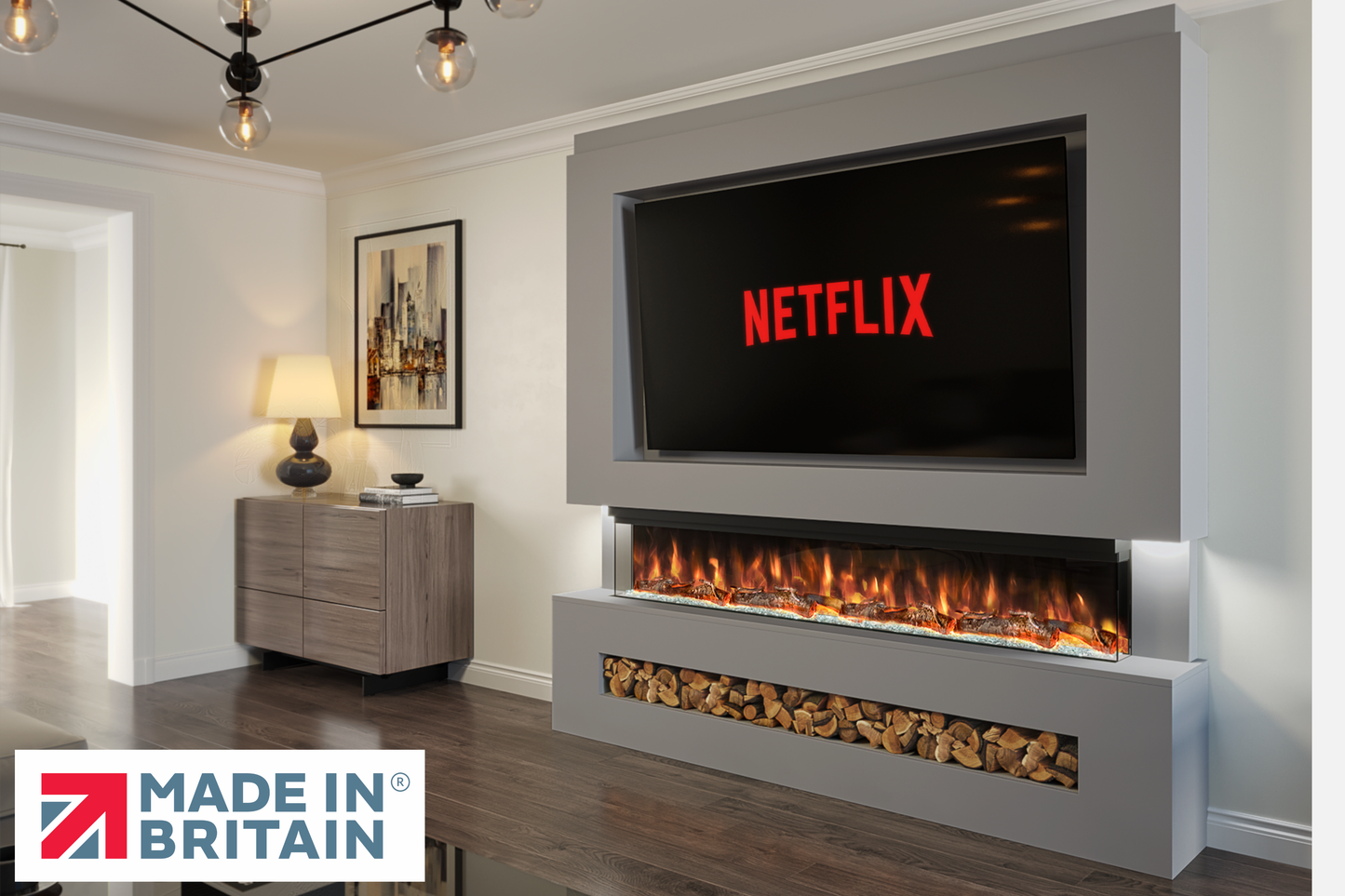 Evolution Fires Package 7 – Pre-Built Media Wall with Electric Fireplace