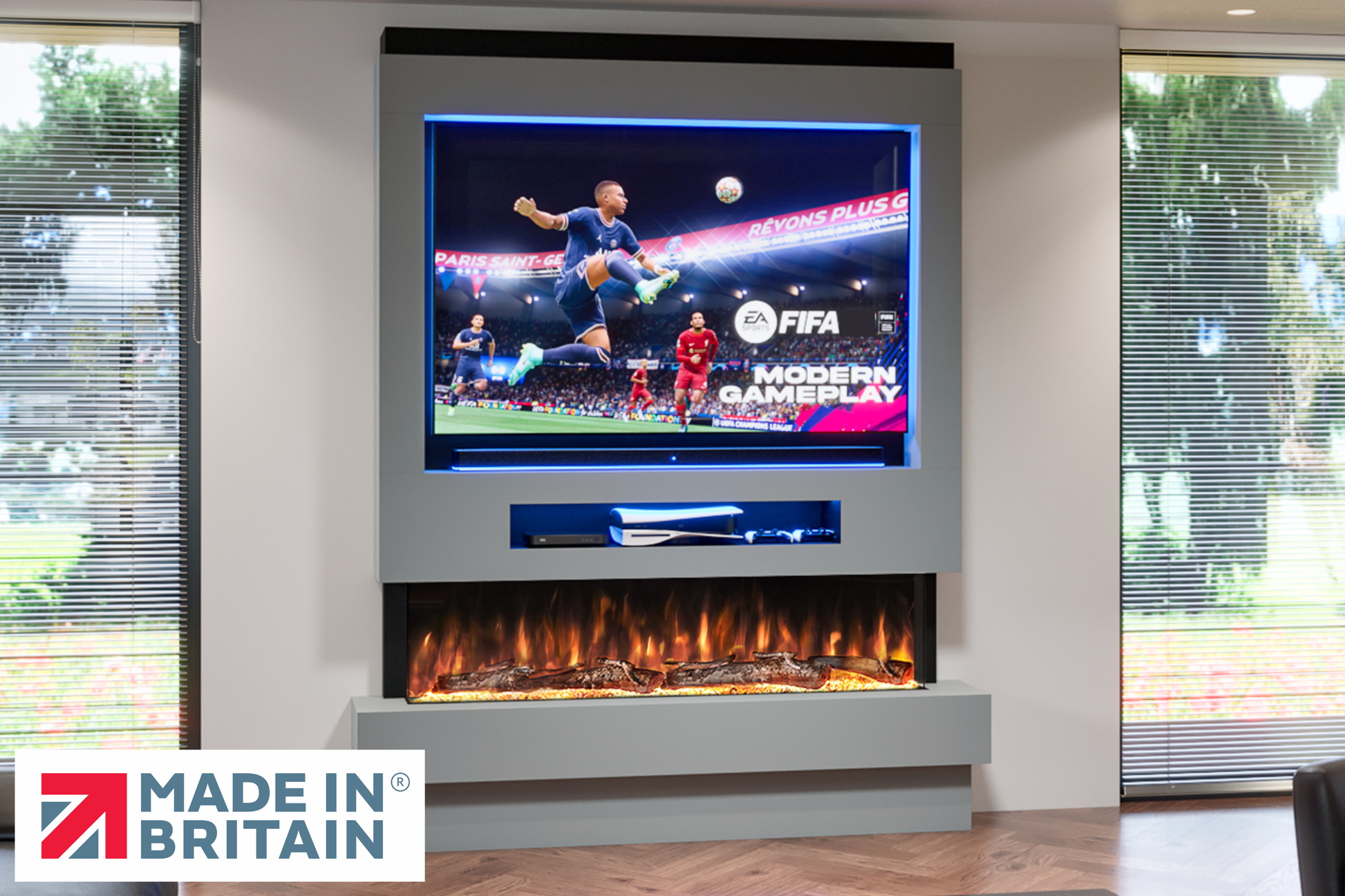 Evolution Fires Package 8 – Pre-Built Media Wall with Electric Fireplace