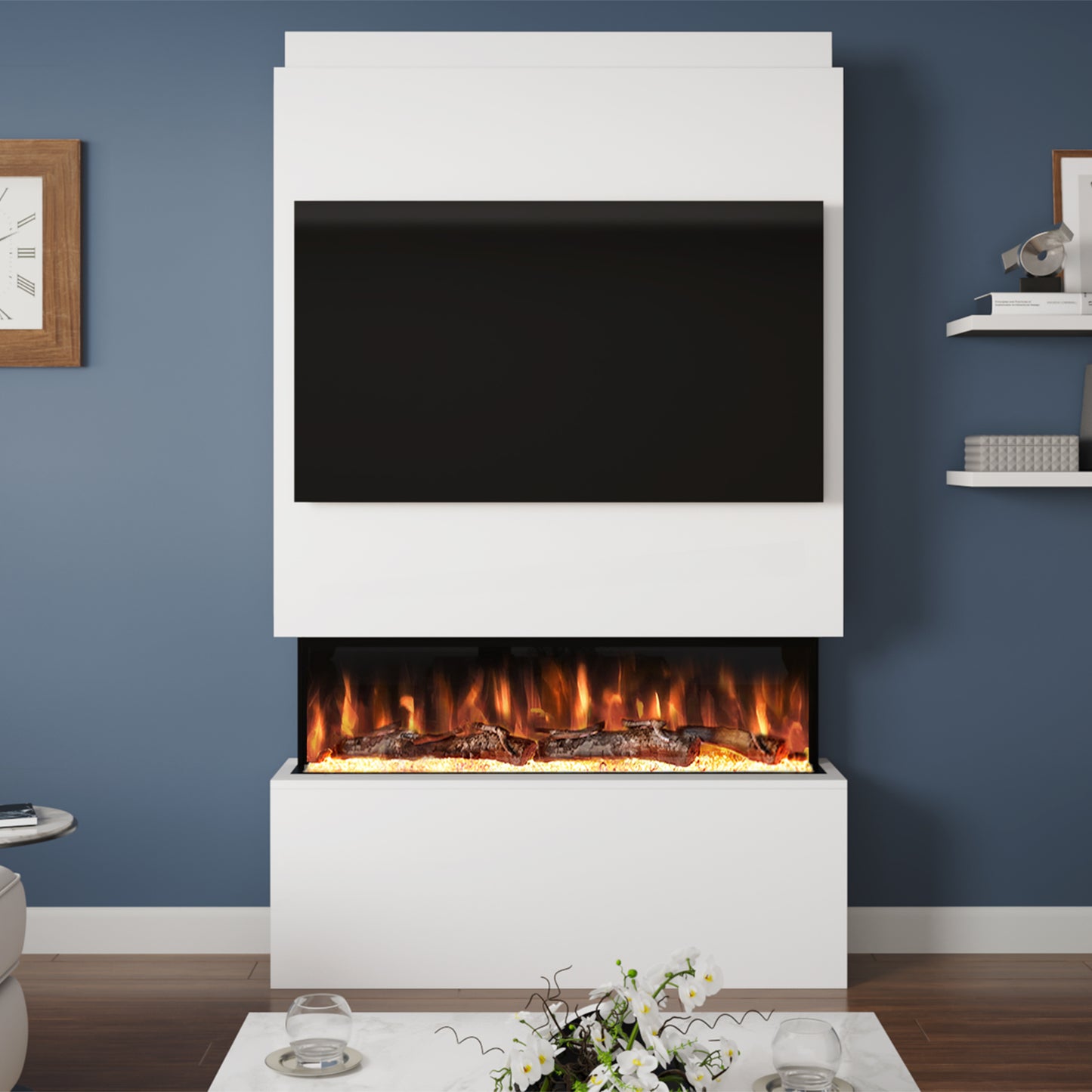 Evolution Fires Pre-built media wall with electric fireplace