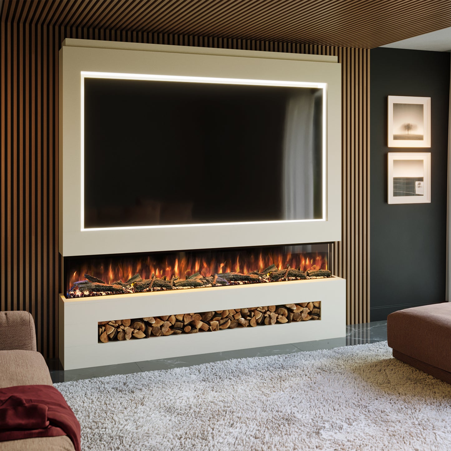 Evolution Fires Pre-built media wall with electric fireplace