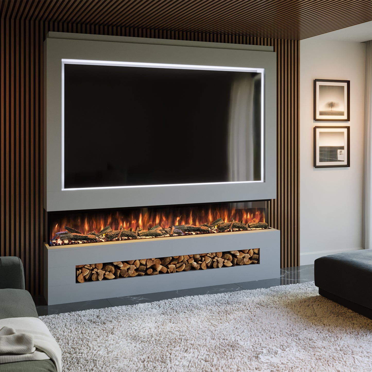 Evolution Fires Pre-built media wall with electric fireplace