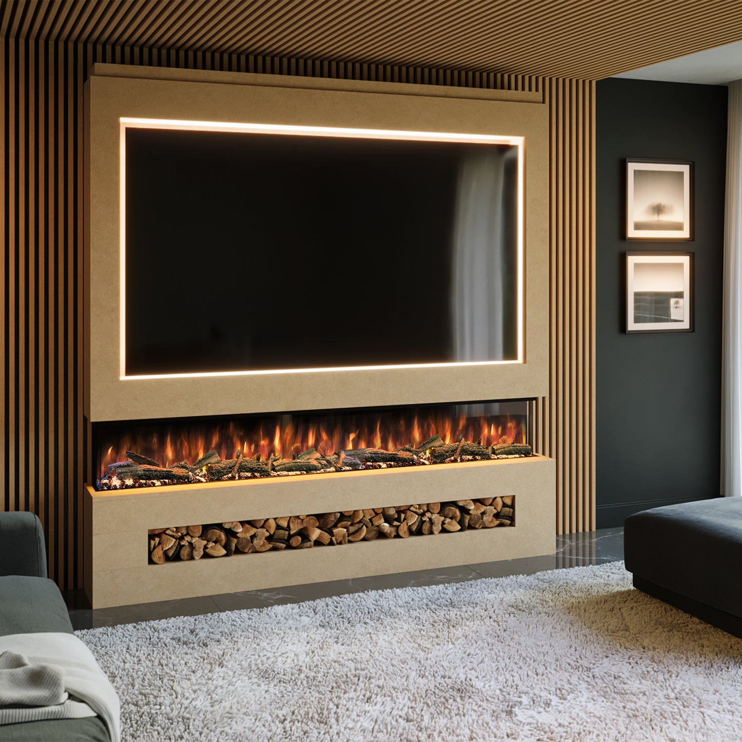 Evolution Fires Pre-built media wall with electric fireplace