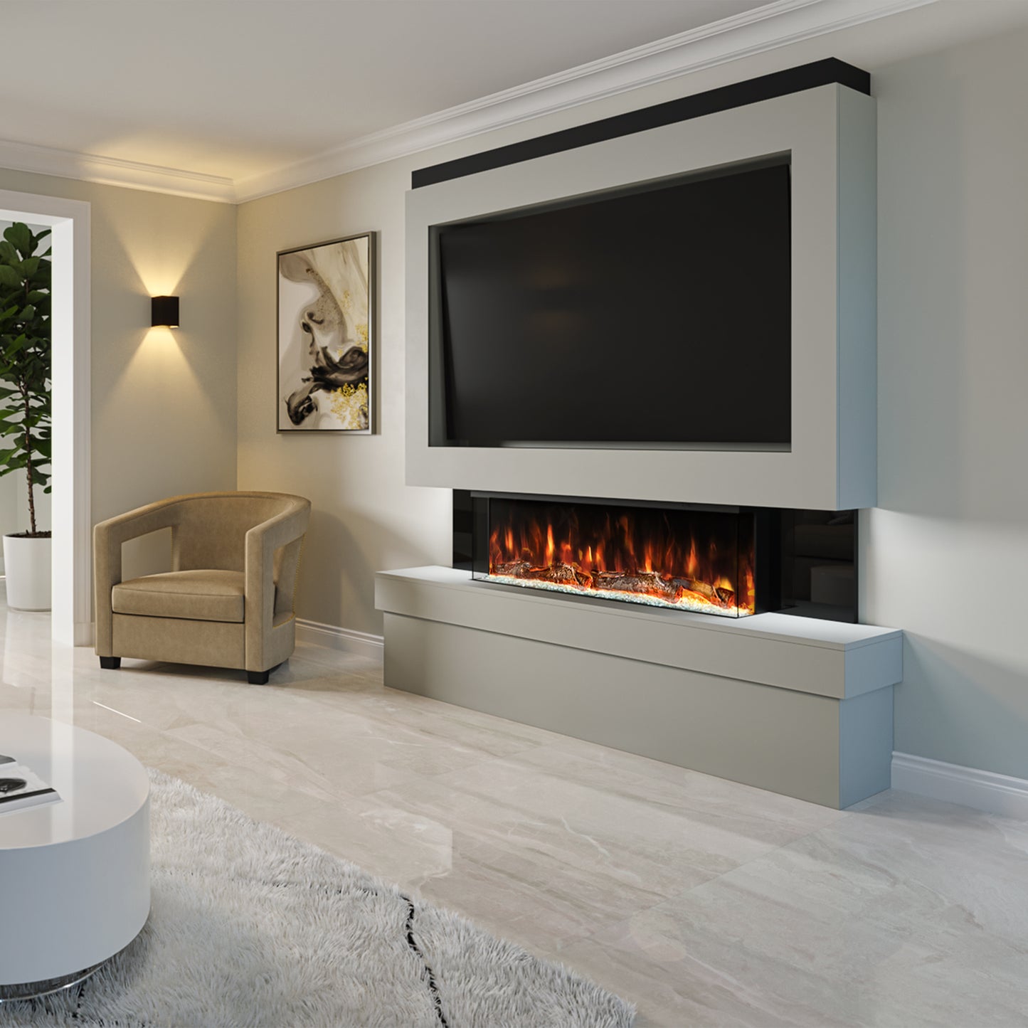 Evolution Fires Pre-built media wall with electric fireplace