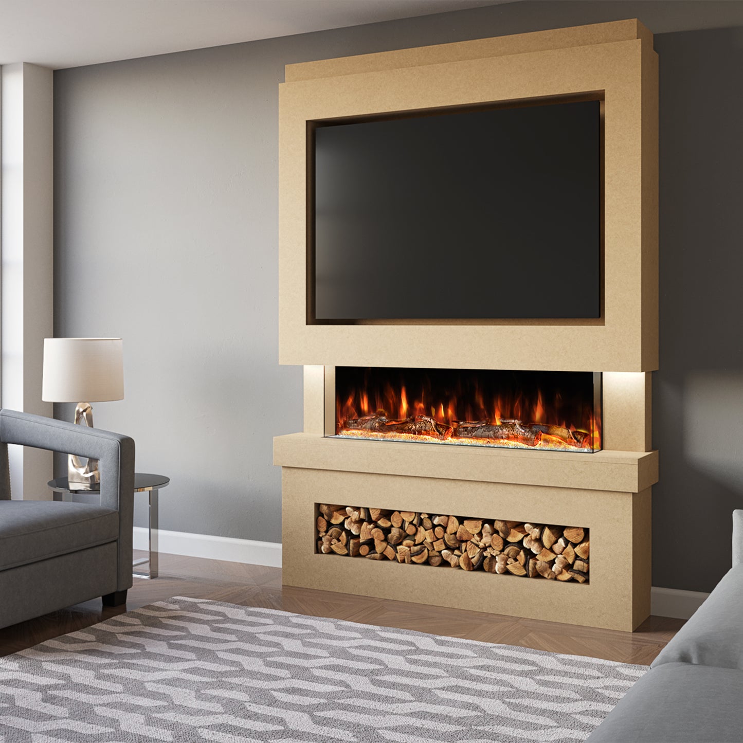 Evolution Fires Pre-built media wall with electric fireplace