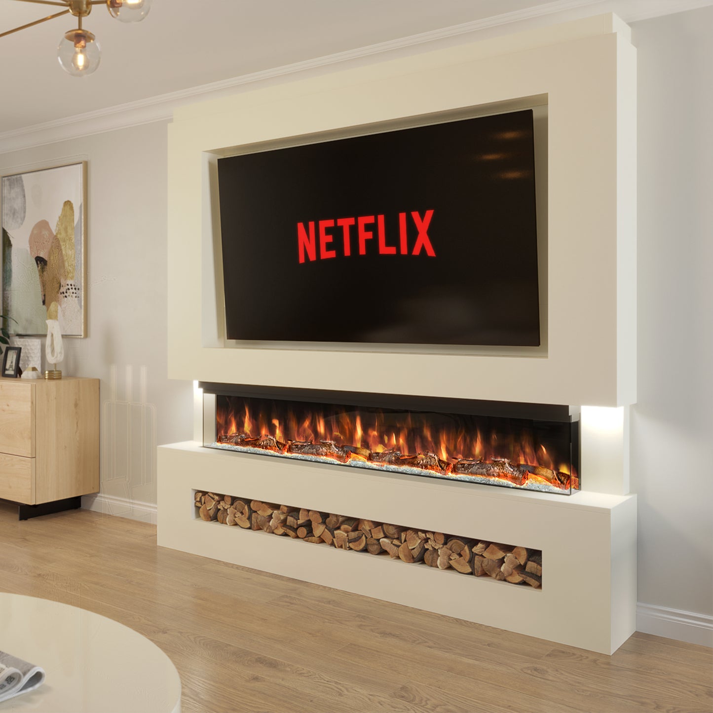 Evolution Fires Pre-built media wall with electric fireplace