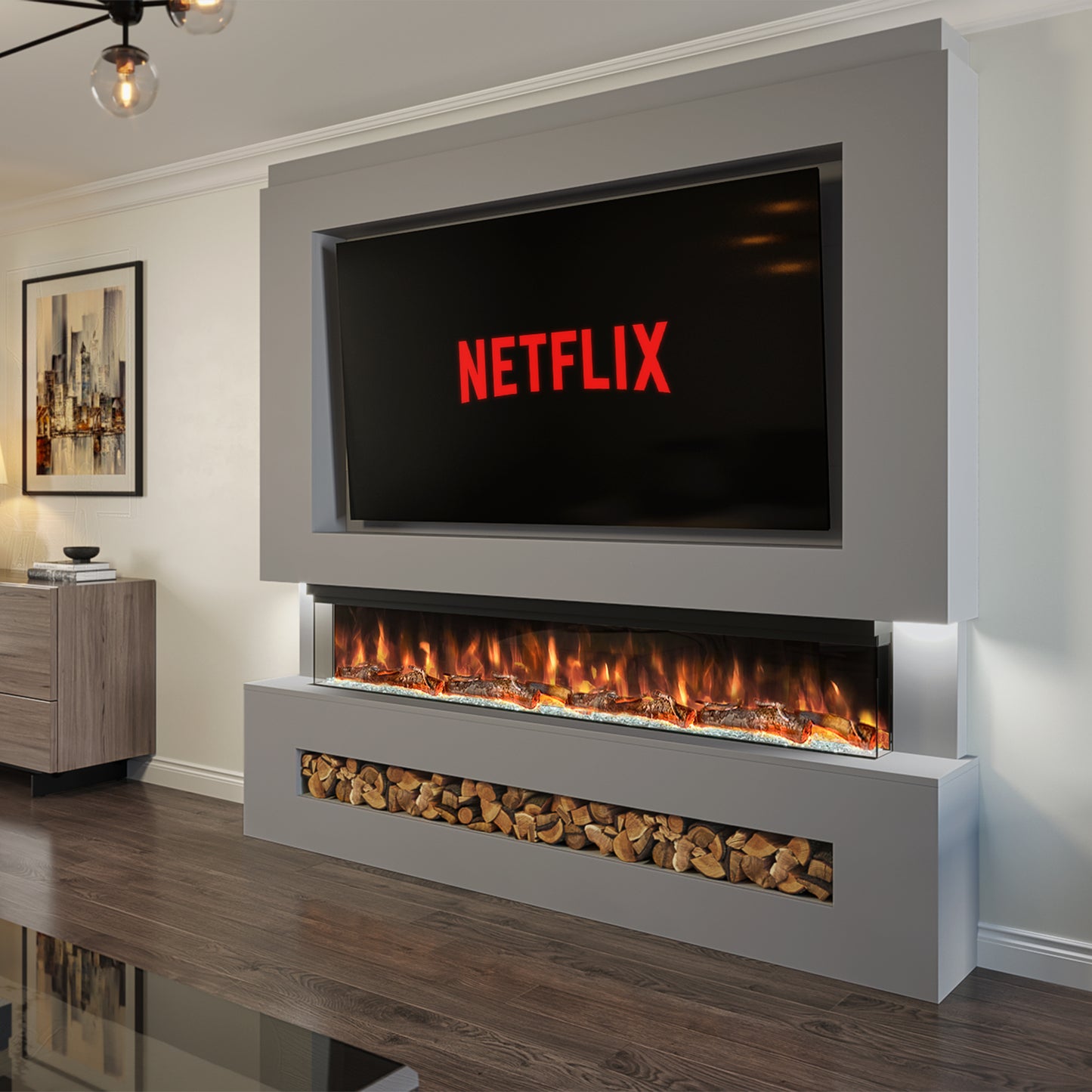 Evolution Fires Pre-built media wall with electric fireplace