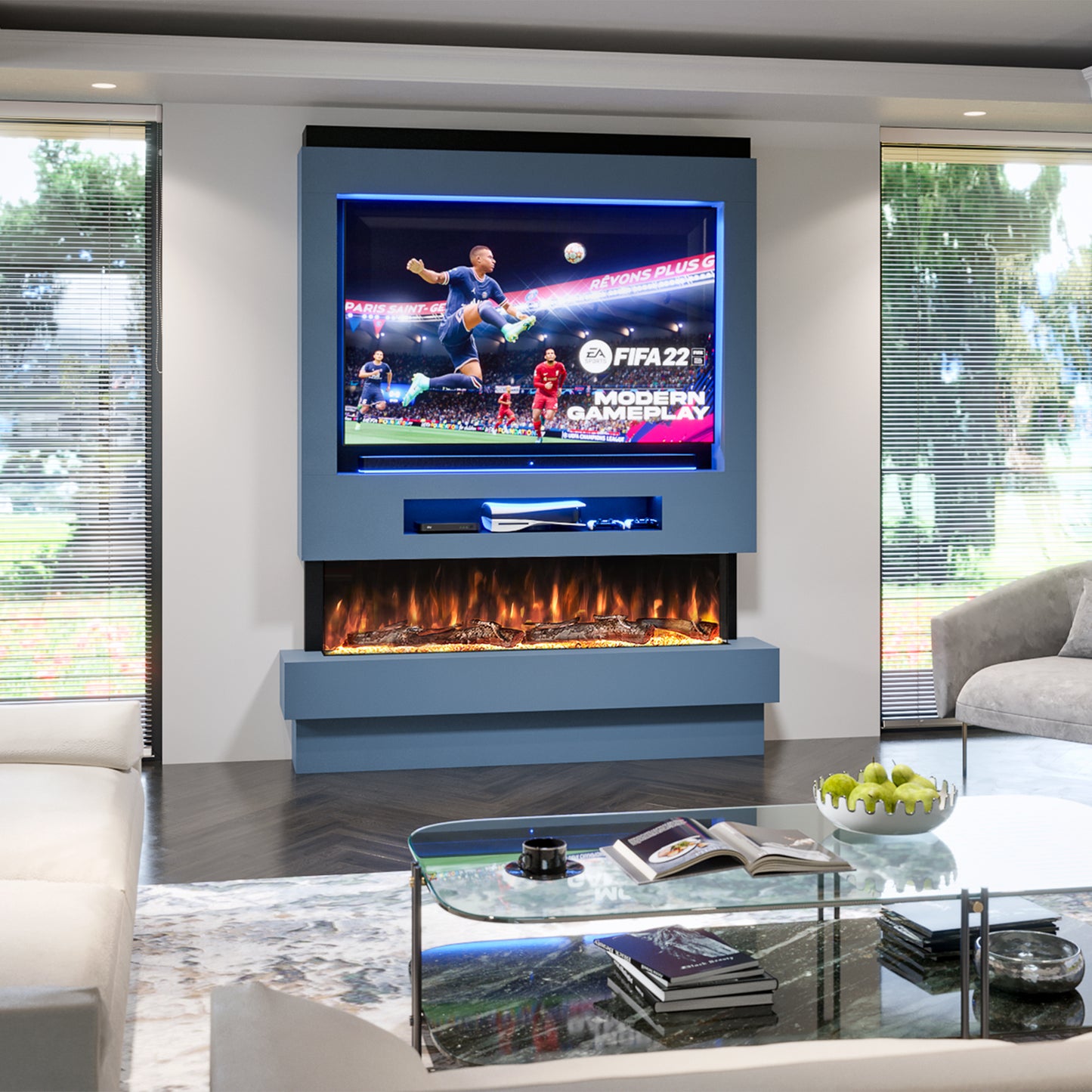 Evolution Fires Pre-built media wall with electric fireplace