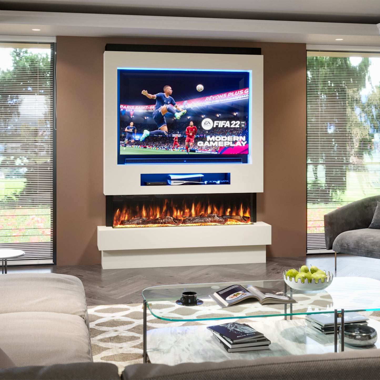 Evolution Fires Pre-built media wall with electric fireplace