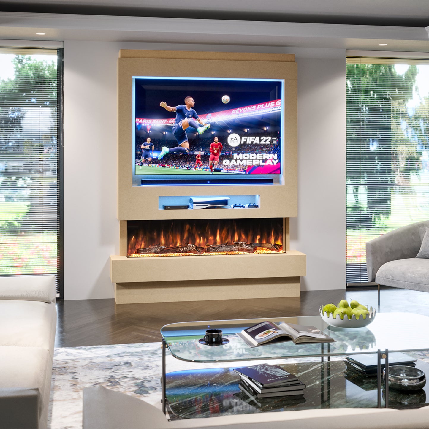 Evolution Fires Pre-built media wall with electric fireplace