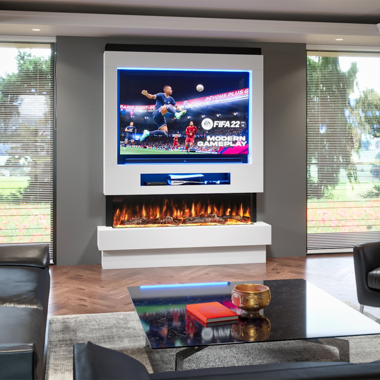 Evolution Fires Pre-built media wall with electric fireplace