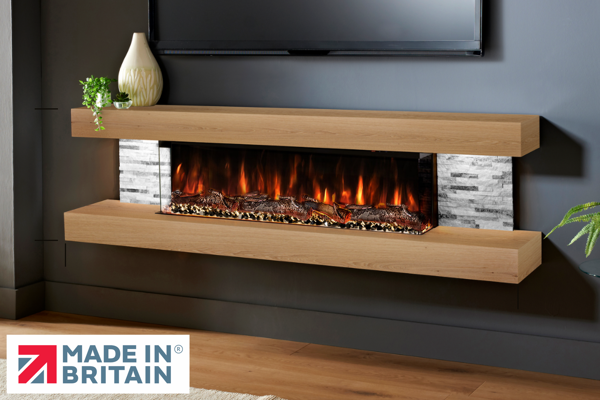 Evolution Fires - Vegas 72 - Wall-Mounted Electric Fireplace (Oak, Gray Stone)