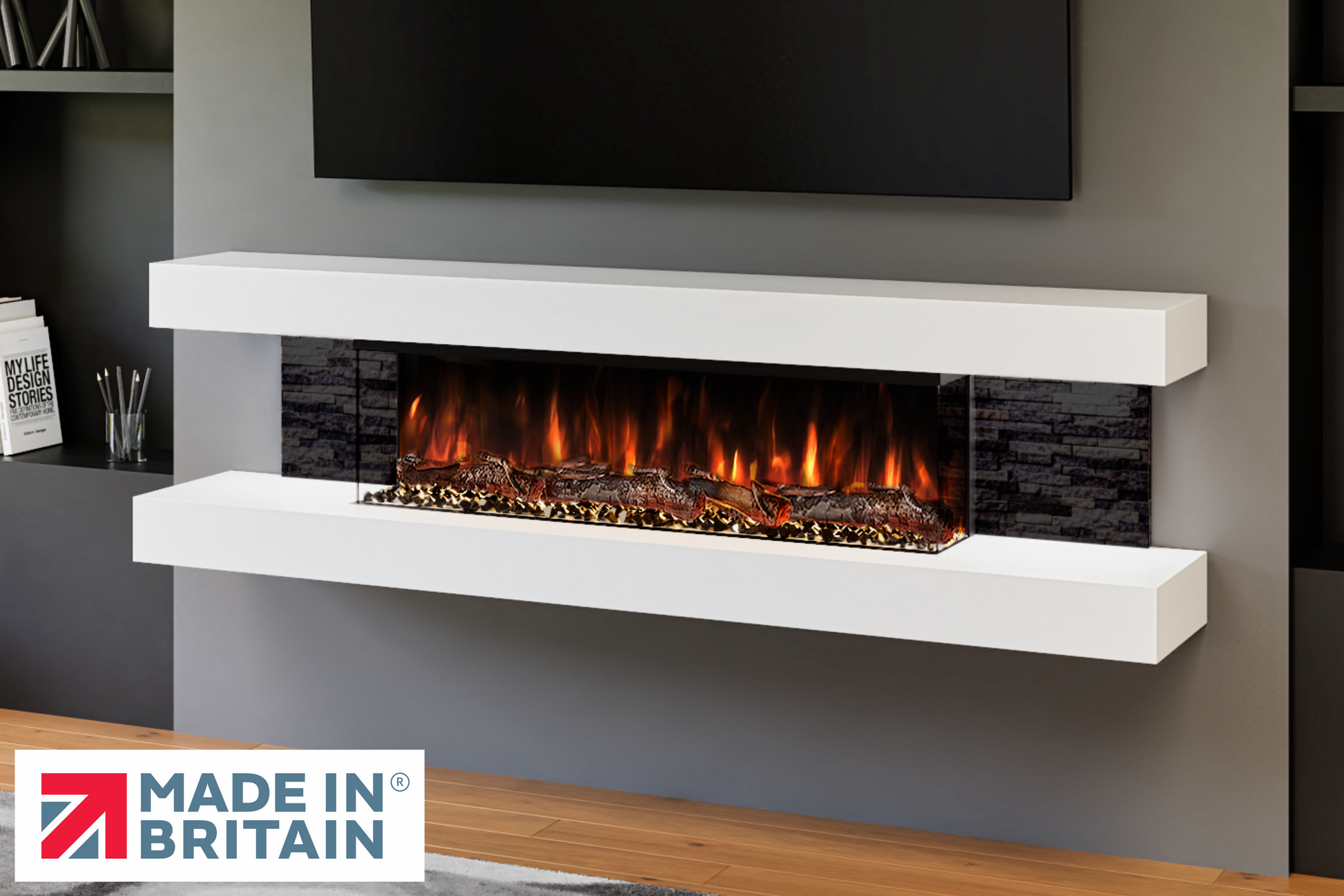 Evolution Fires - Vegas 72 - Wall-Mounted Electric Fireplace (Black Stone Tiles)
