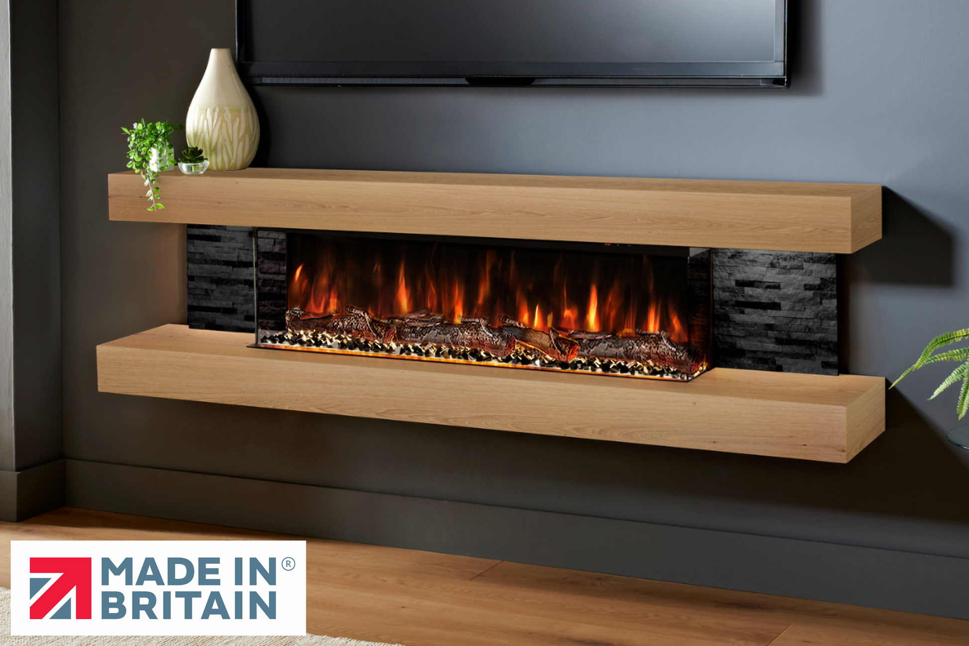 Evolution Fires - Vegas 72 - Wall-Mounted Electric Fireplace (Oak, Black Stone)