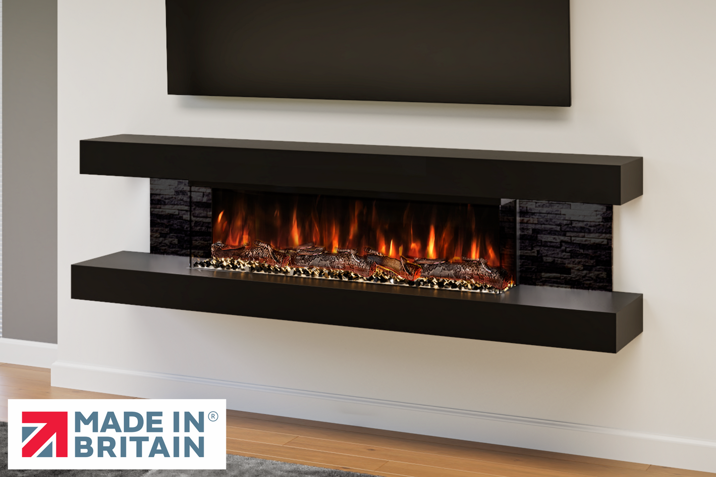 Evolution Fires - Vegas 72 - Wall-Mounted Electric Fireplace - Black - Black Stone Tiles