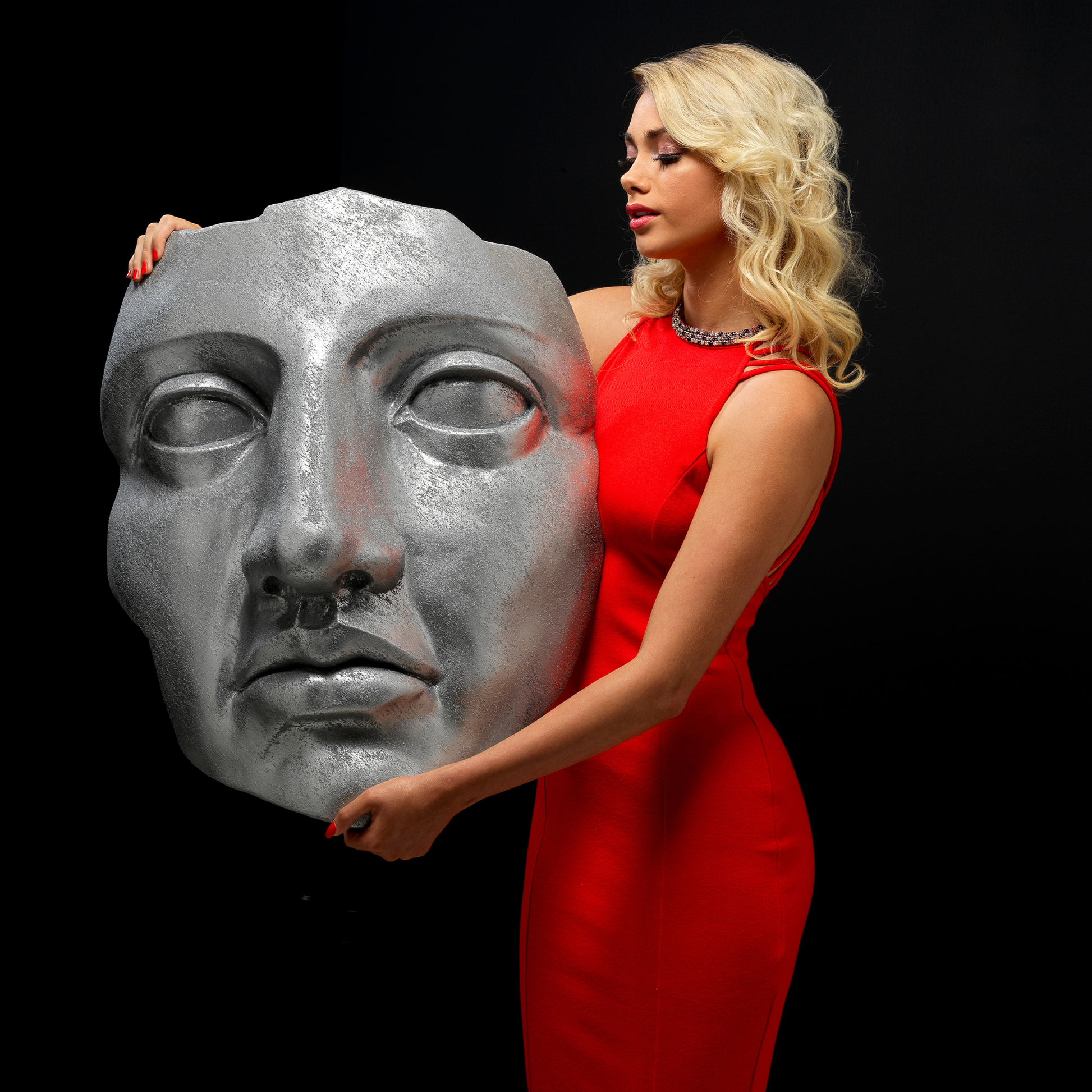 Extra Large 3D Wall Art Face Sculpture (Silver Venetian Plaster)