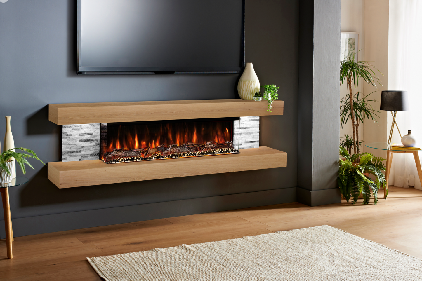Evolution Fires - Vegas 72 - Wall-Mounted Electric Fireplace (Oak, Gray Stone)
