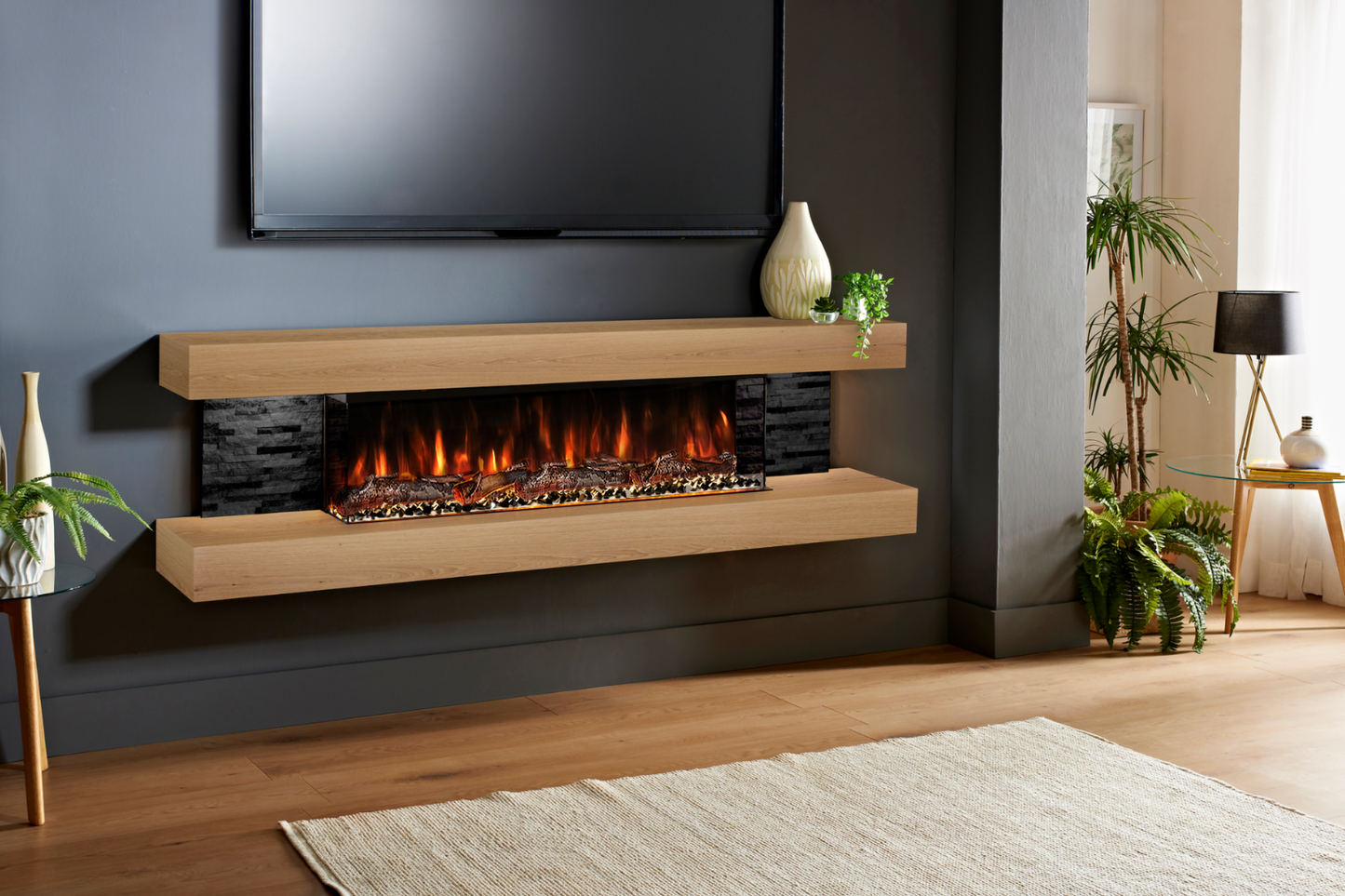 Evolution Fires - Vegas 72 - Wall-Mounted Electric Fireplace (Oak, Black Stone)