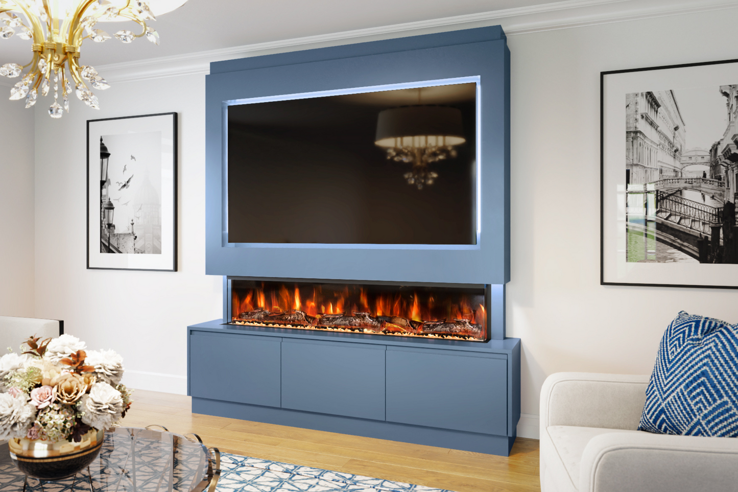 Pre-Built Media Wall With Electric Fire