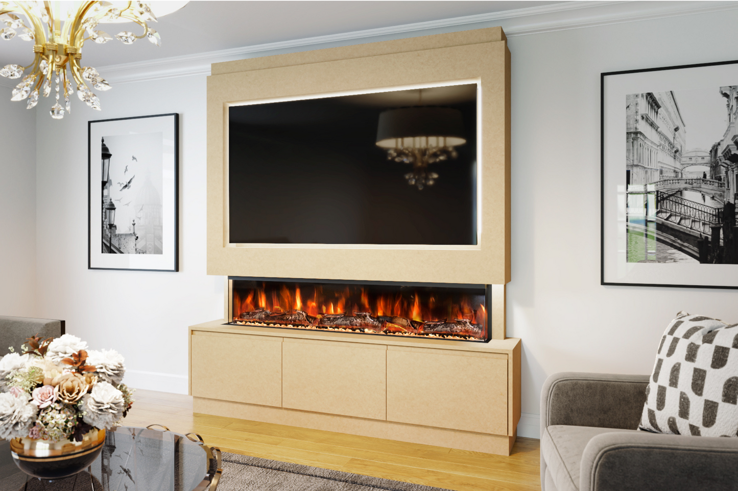 Pre-Built Media Wall With Electric Fire