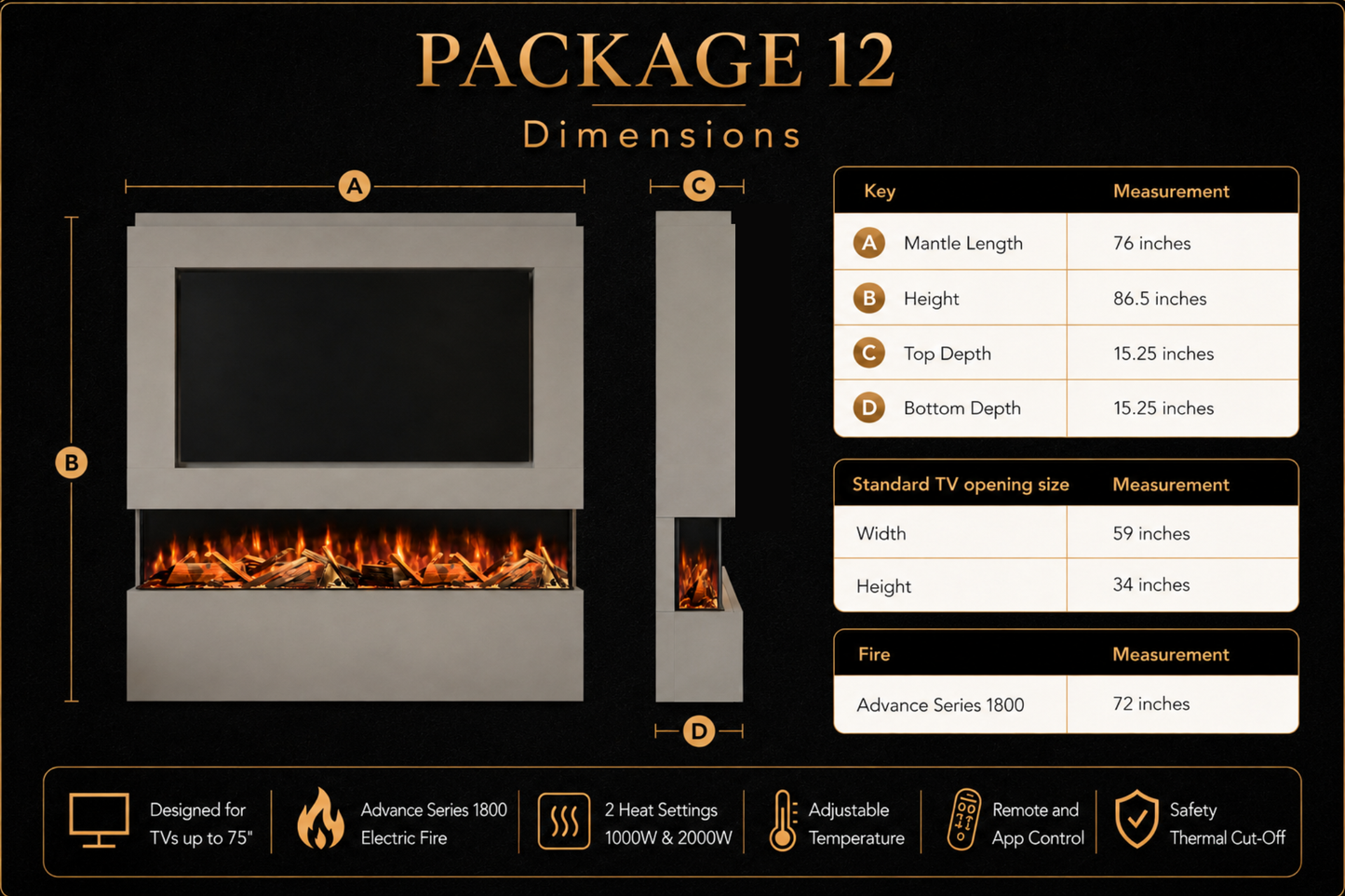 Evolution Fires - Pre-Built Media Wall Package 12 including Electric Fire