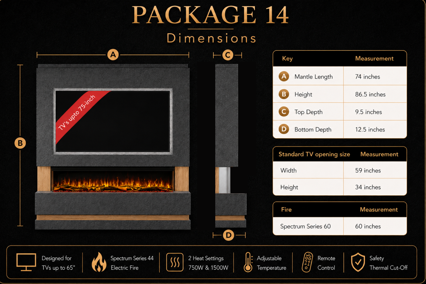 Evolution Fires - Pre-Built Media Wall Package 14 including Electric Fire