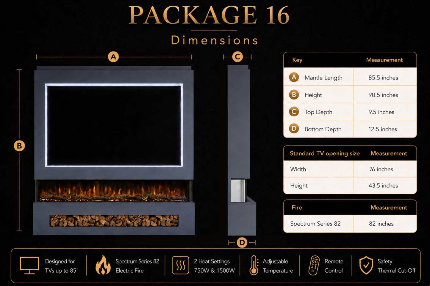 Evolution Fires - Pre-Built Media Wall Package 16 including Electric Fire