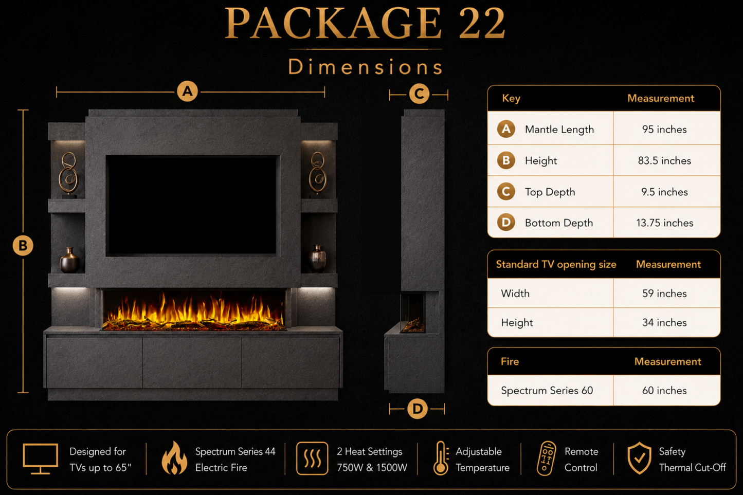 Evolution Fires - Pre-Built Media Wall Package 22 including Electric Fire