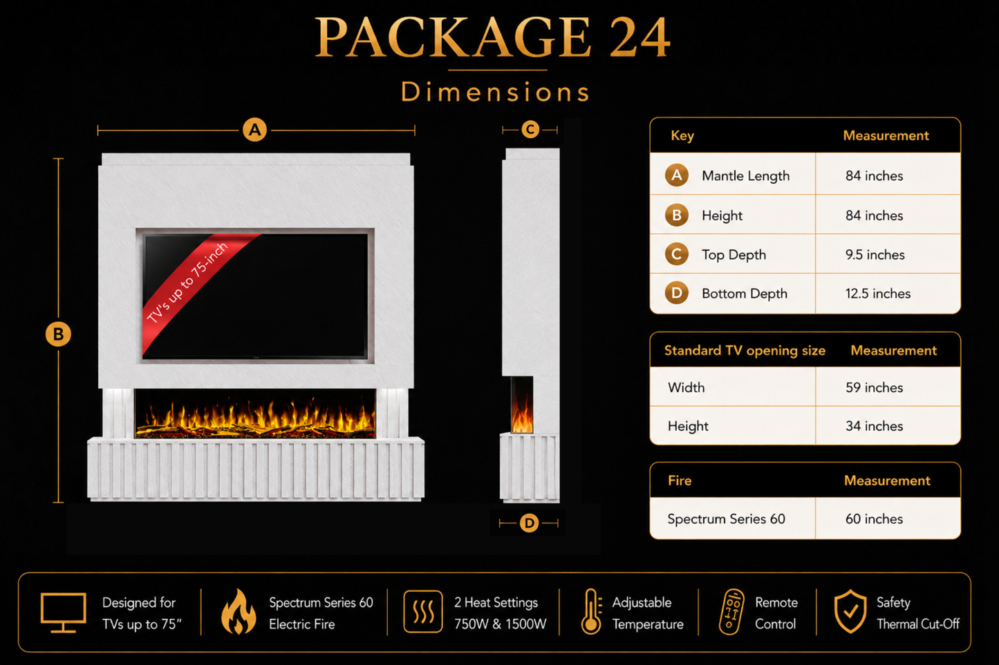 Evolution Fires - Pre-Built Media Wall Package 24 including Electric Fire