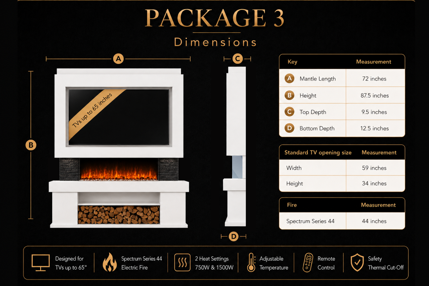 Evolution Fires Package 3 – Pre-Built Media Wall with Electric Fireplace