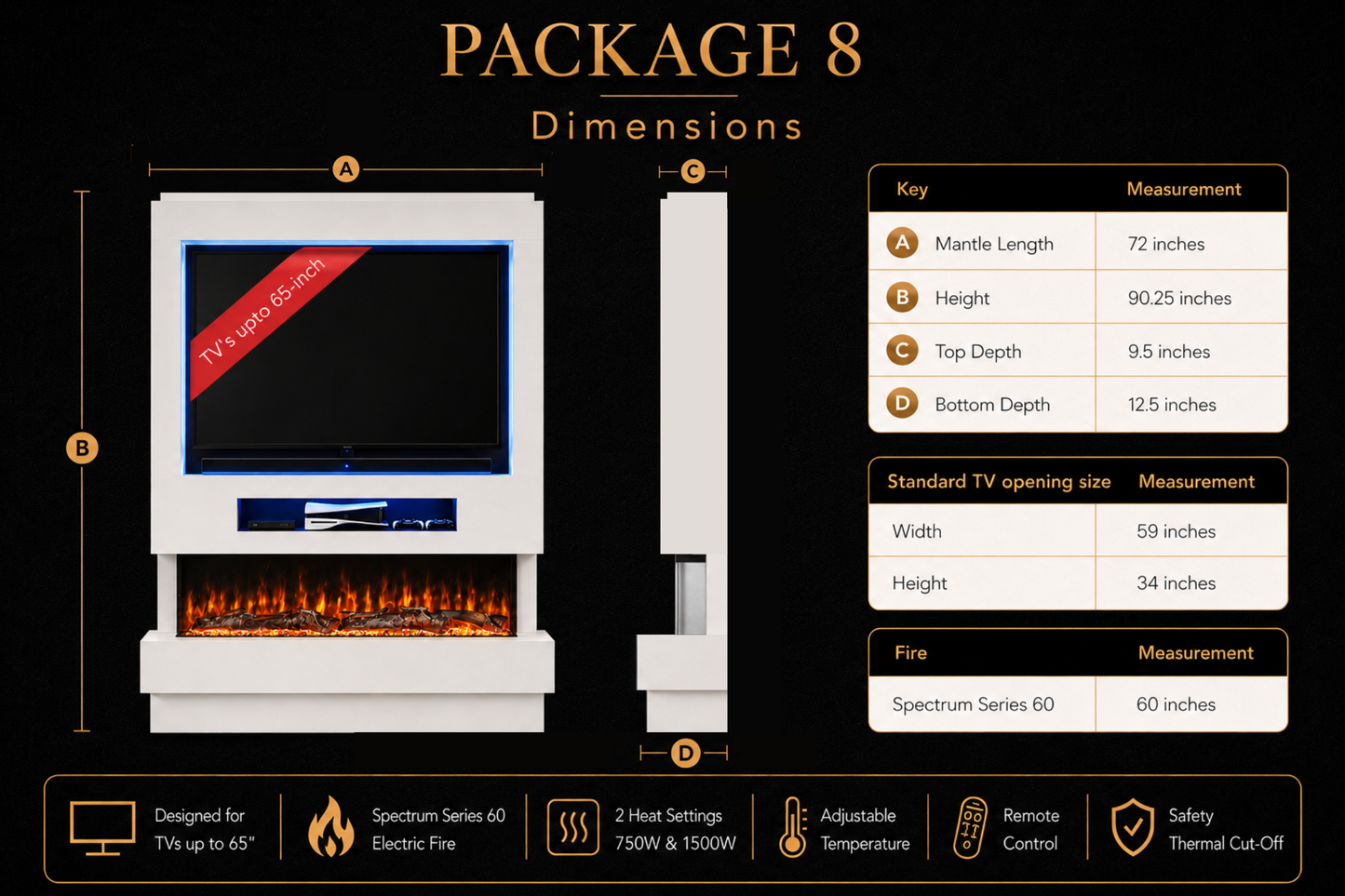 Evolution Fires Package 8 – Pre-Built Media Wall with Electric Fireplace