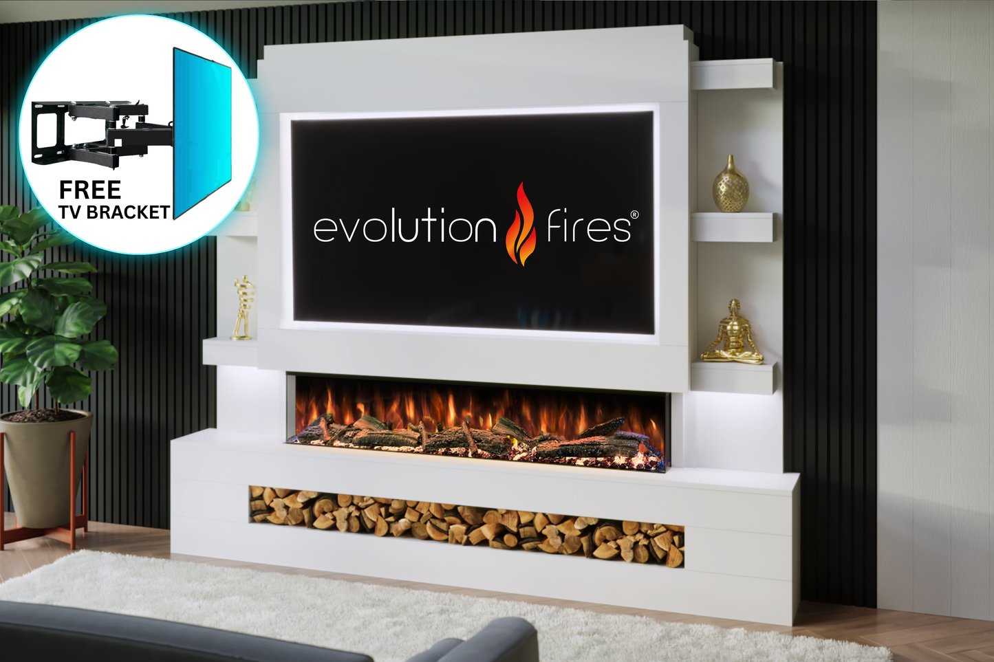Evolution Fires - Pre-Built Media Wall Package 15 including Electric Fire