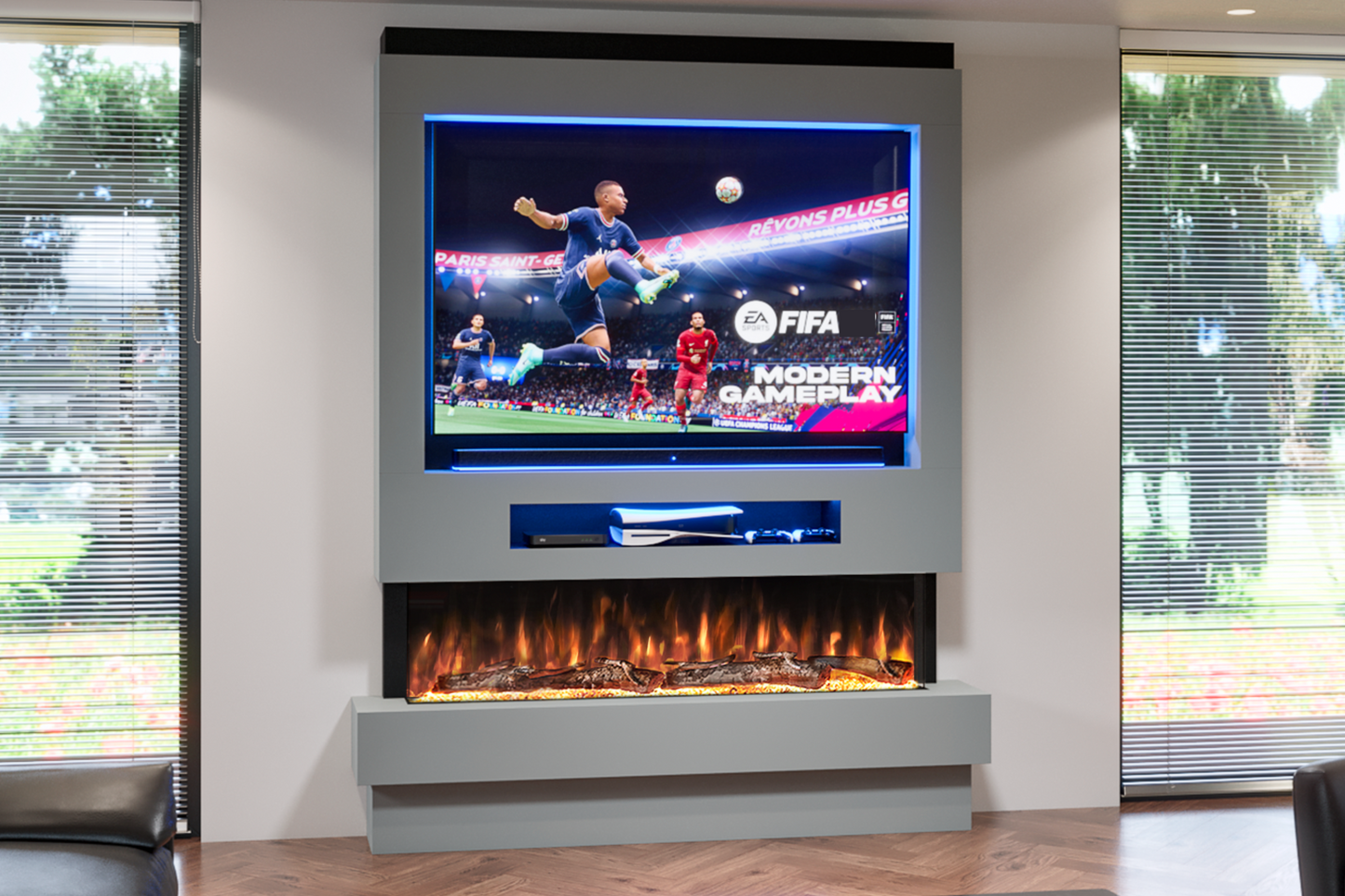 Pre-Built Media Wall With Electric Fireplace by Evolution Fires