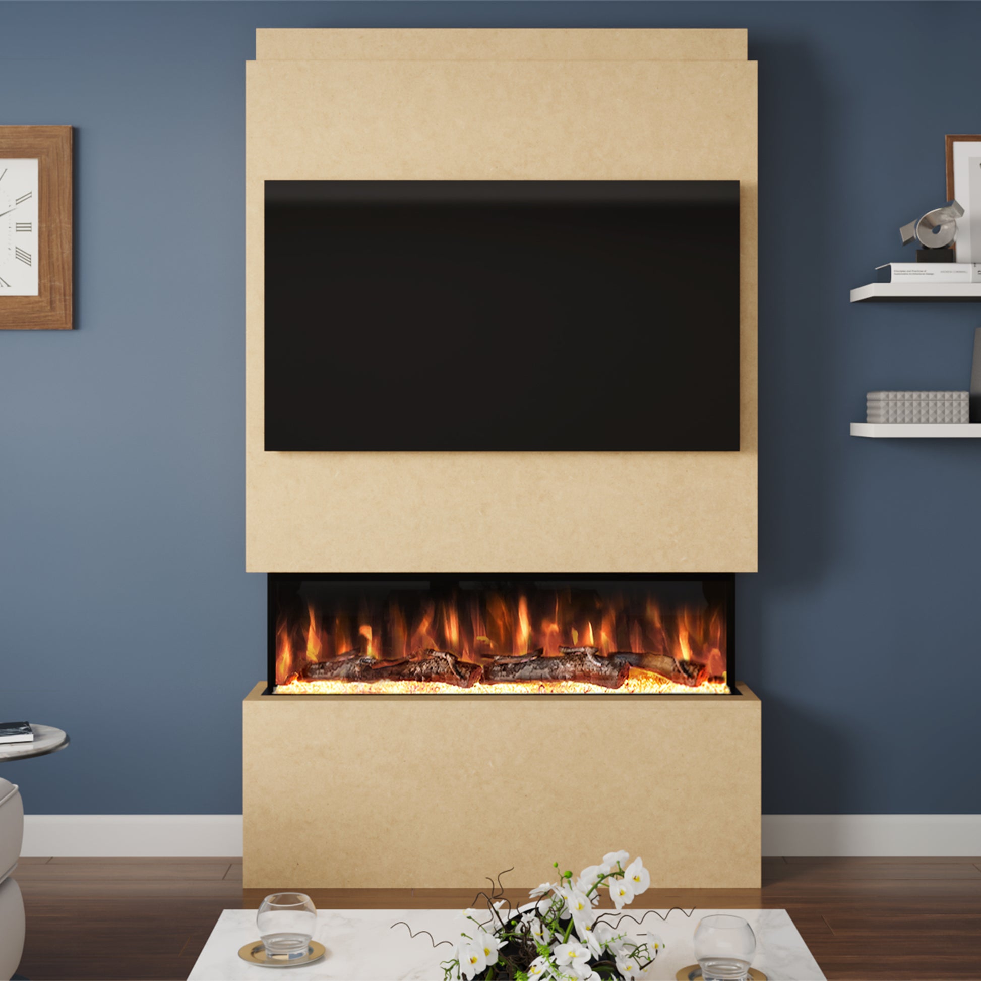 Evolution Fires Pre-built media wall with electric fireplace