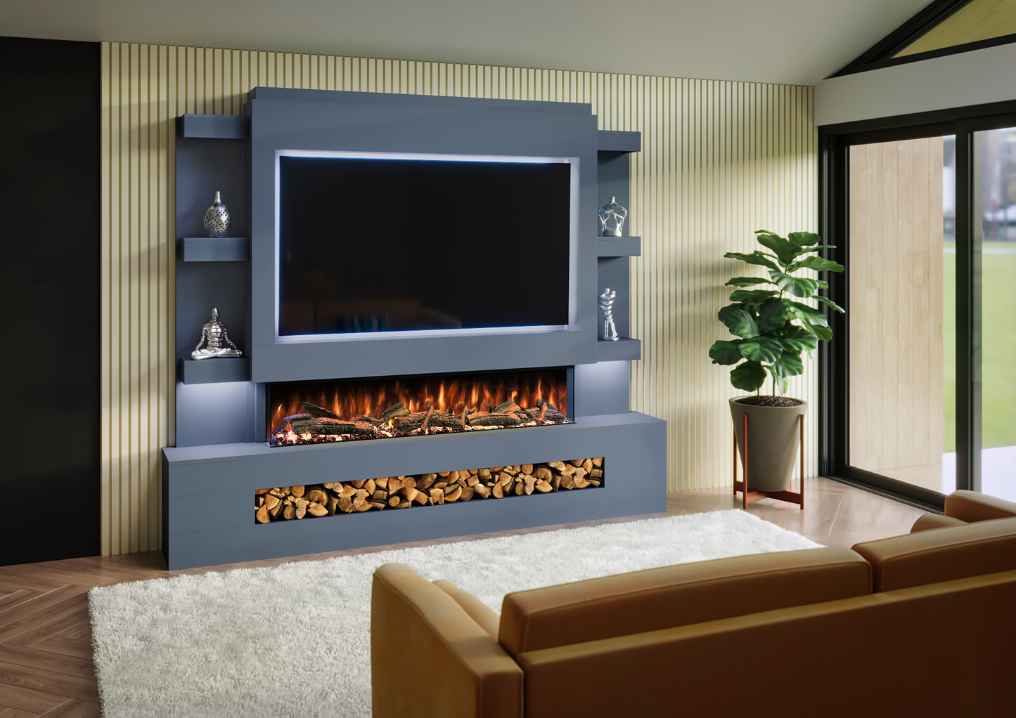 Pre-Built Media Wall With Electric Fire