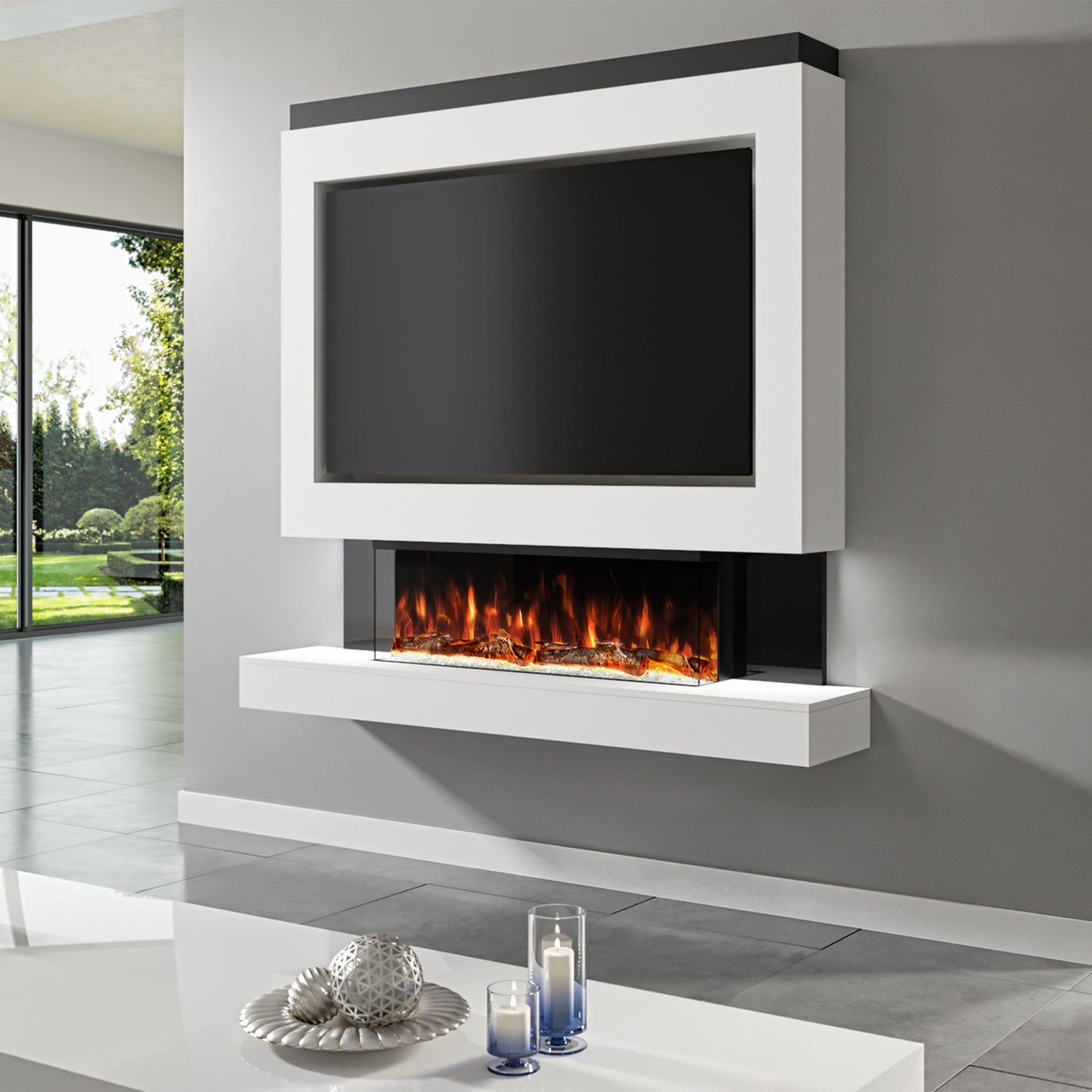 Evolution Fires Pre-built media wall with electric fireplace