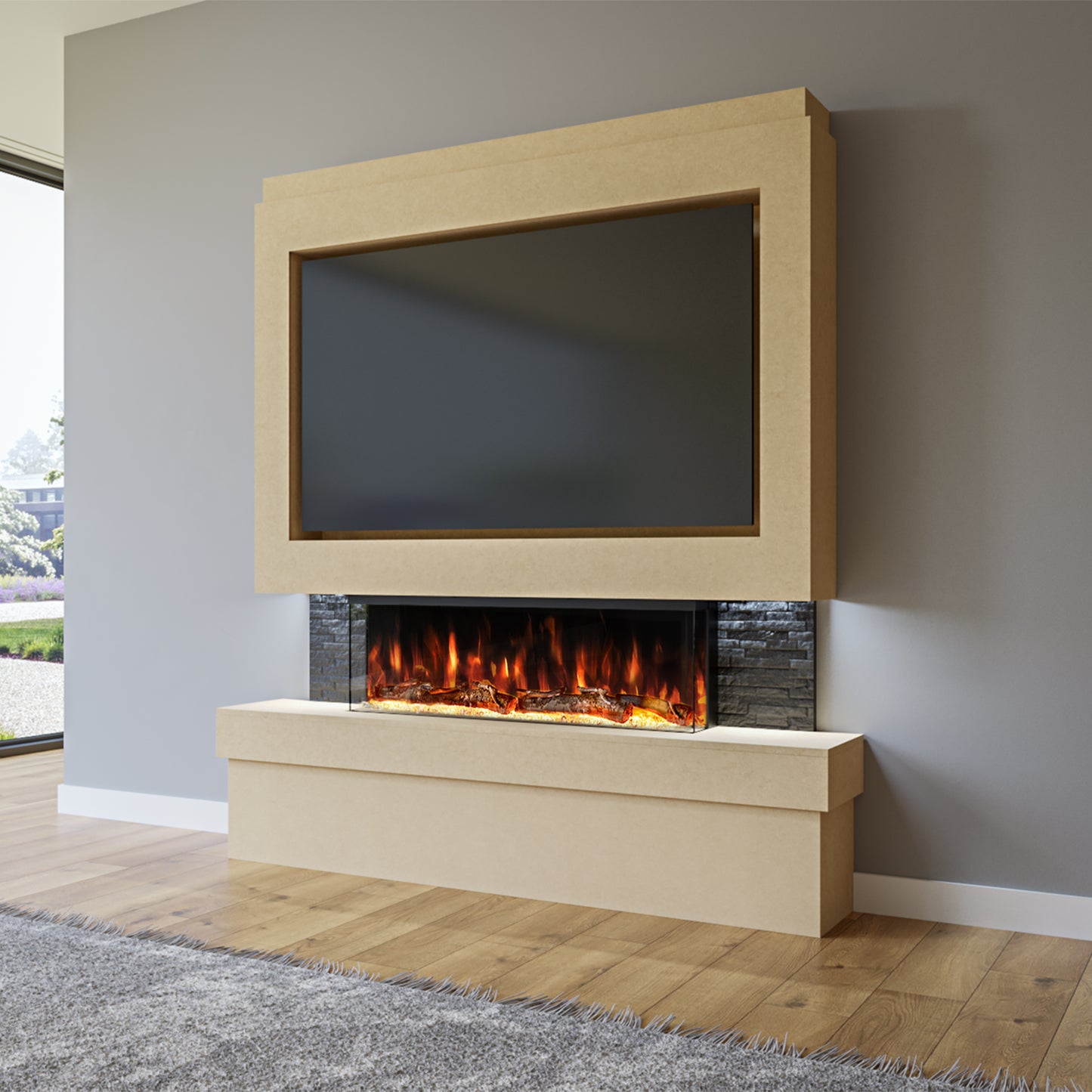 Evolution Fires Pre-built media wall with electric fireplace