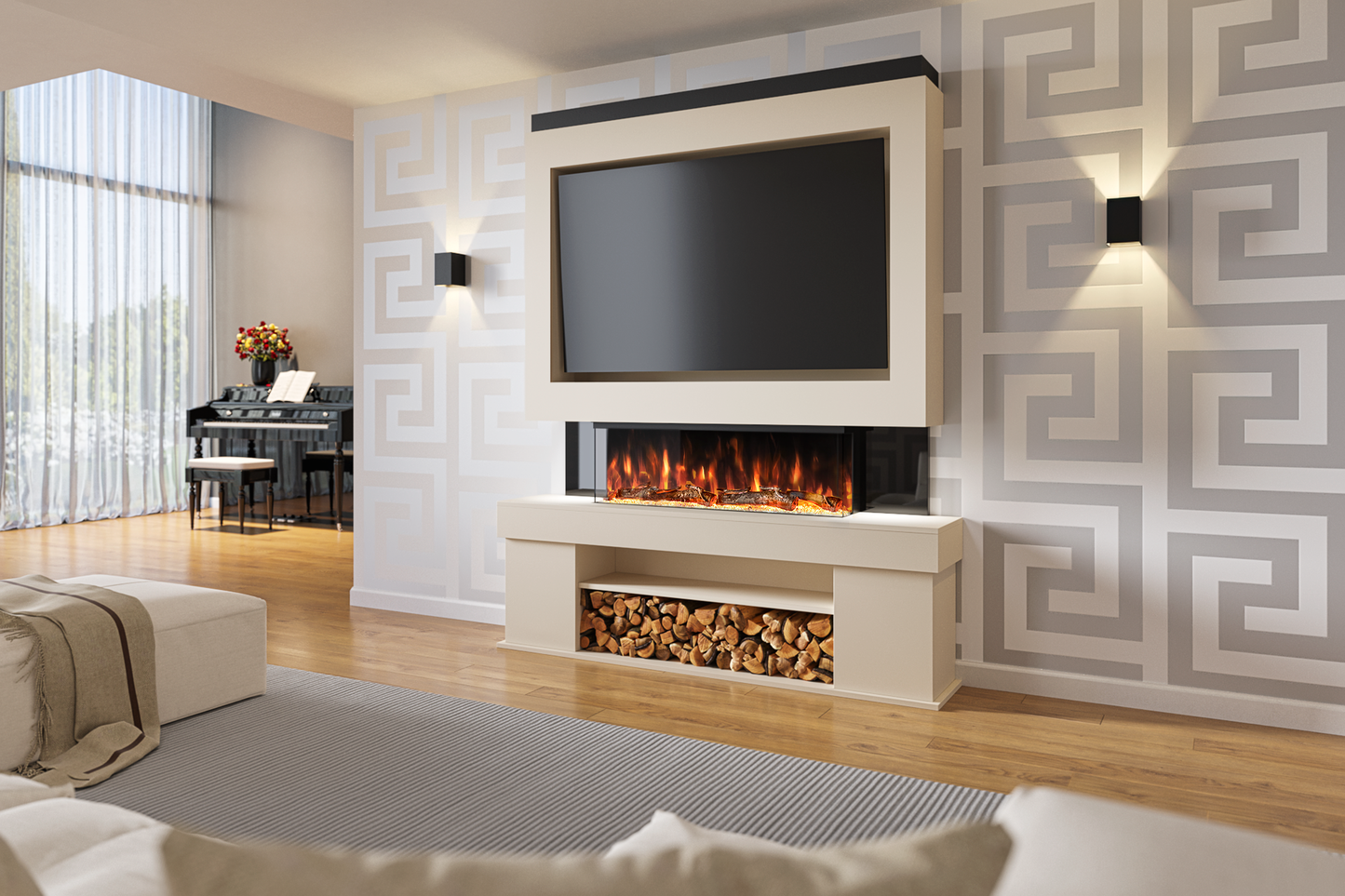 Pre-Built Media Wall With Electric Fire