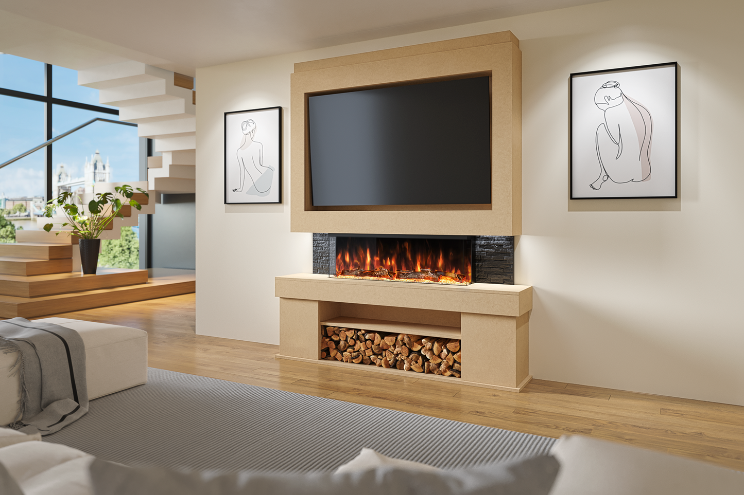 Pre-Built Media Wall With Electric Fire