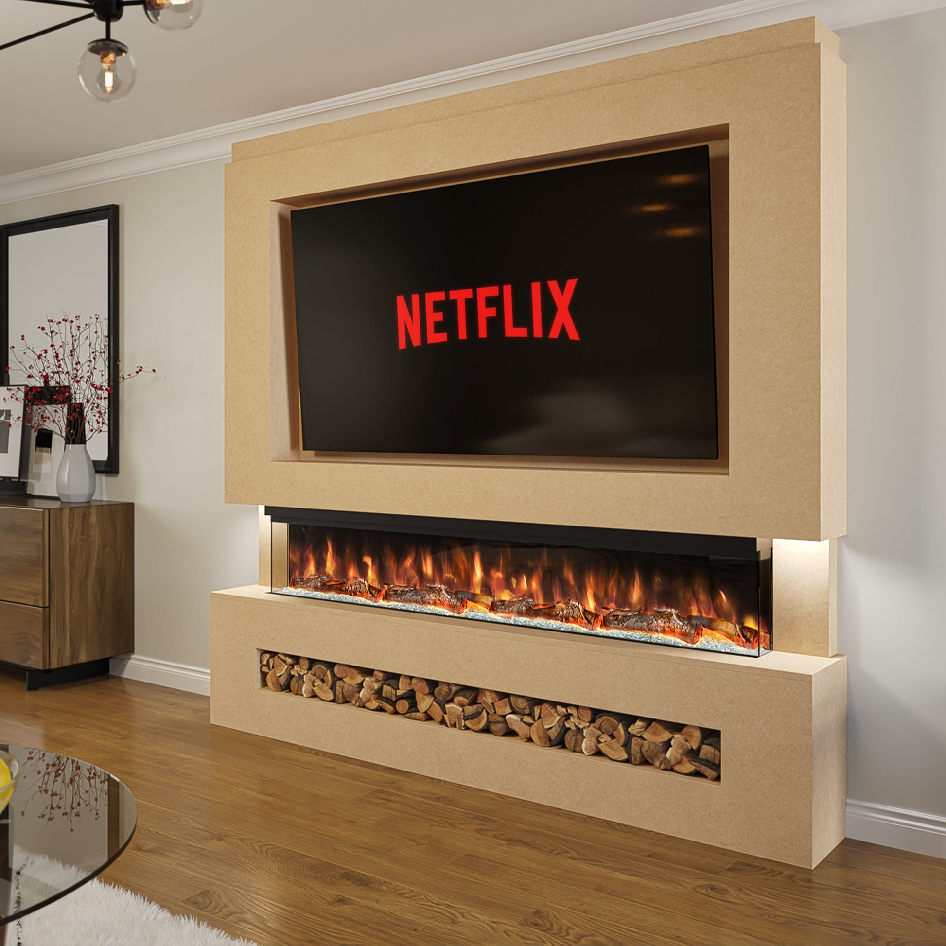 Evolution Fires Pre-built media wall with electric fireplace