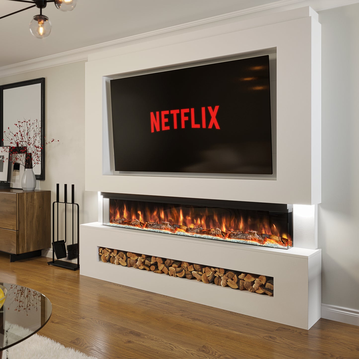 Evolution Fires Pre-built media wall with electric fireplace