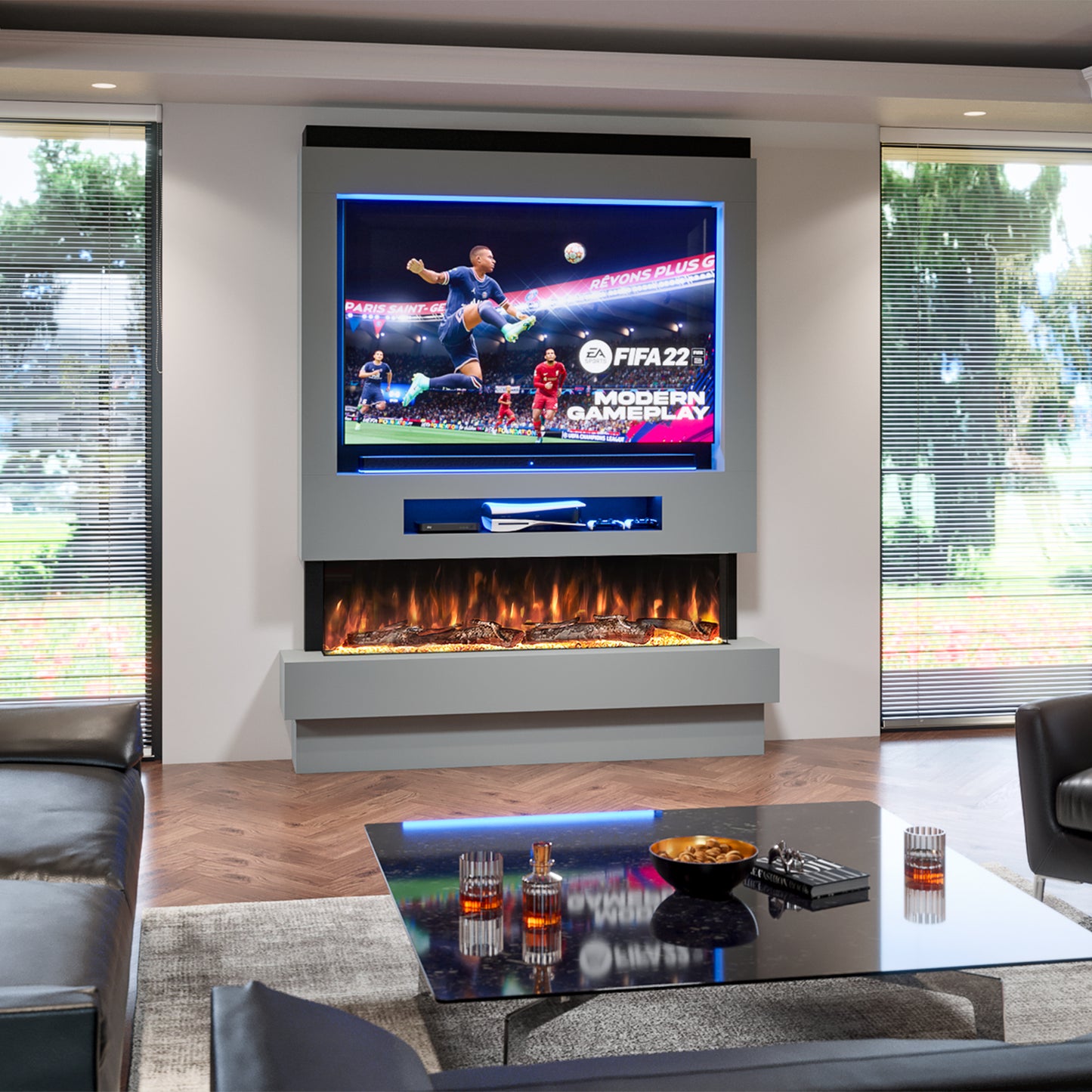 Evolution Fires Pre-built media wall with electric fireplace