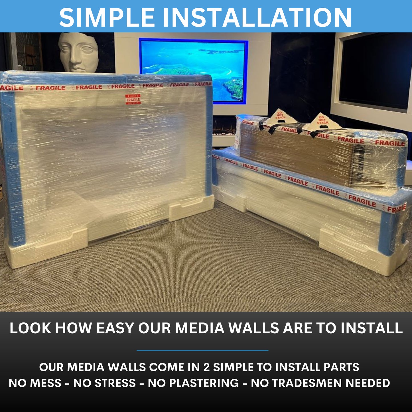 Pre-Built Media Wall with electric fireplace - Package 11