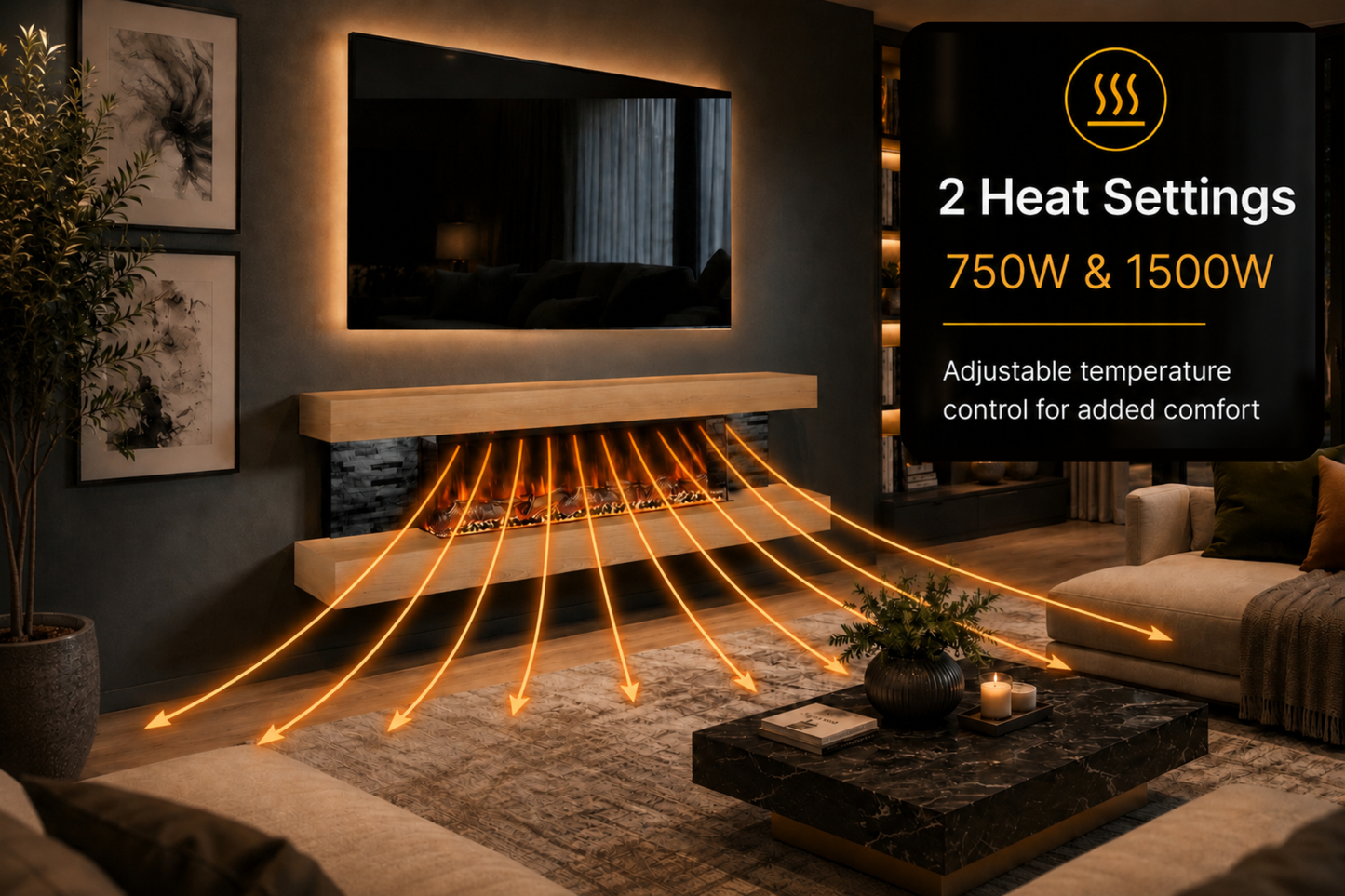 Evolution Fires - Vegas 72 - Wall-Mounted Electric Fireplace Black Textured