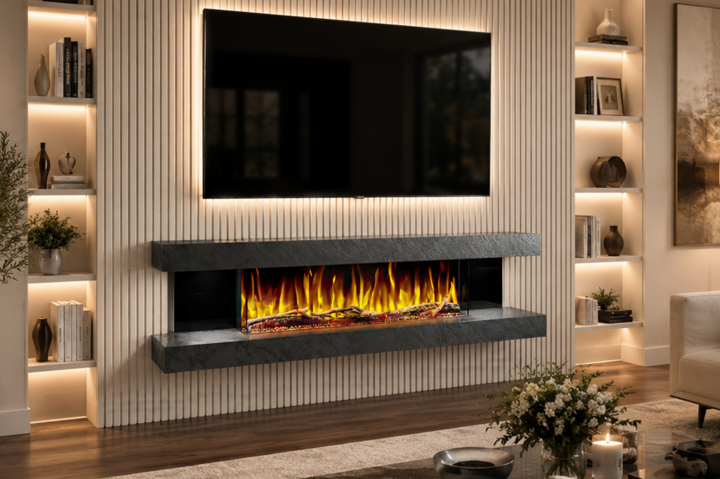 Evolution Fires - Vegas 72 - Wall-Mounted Electric Fireplace Black Textured
